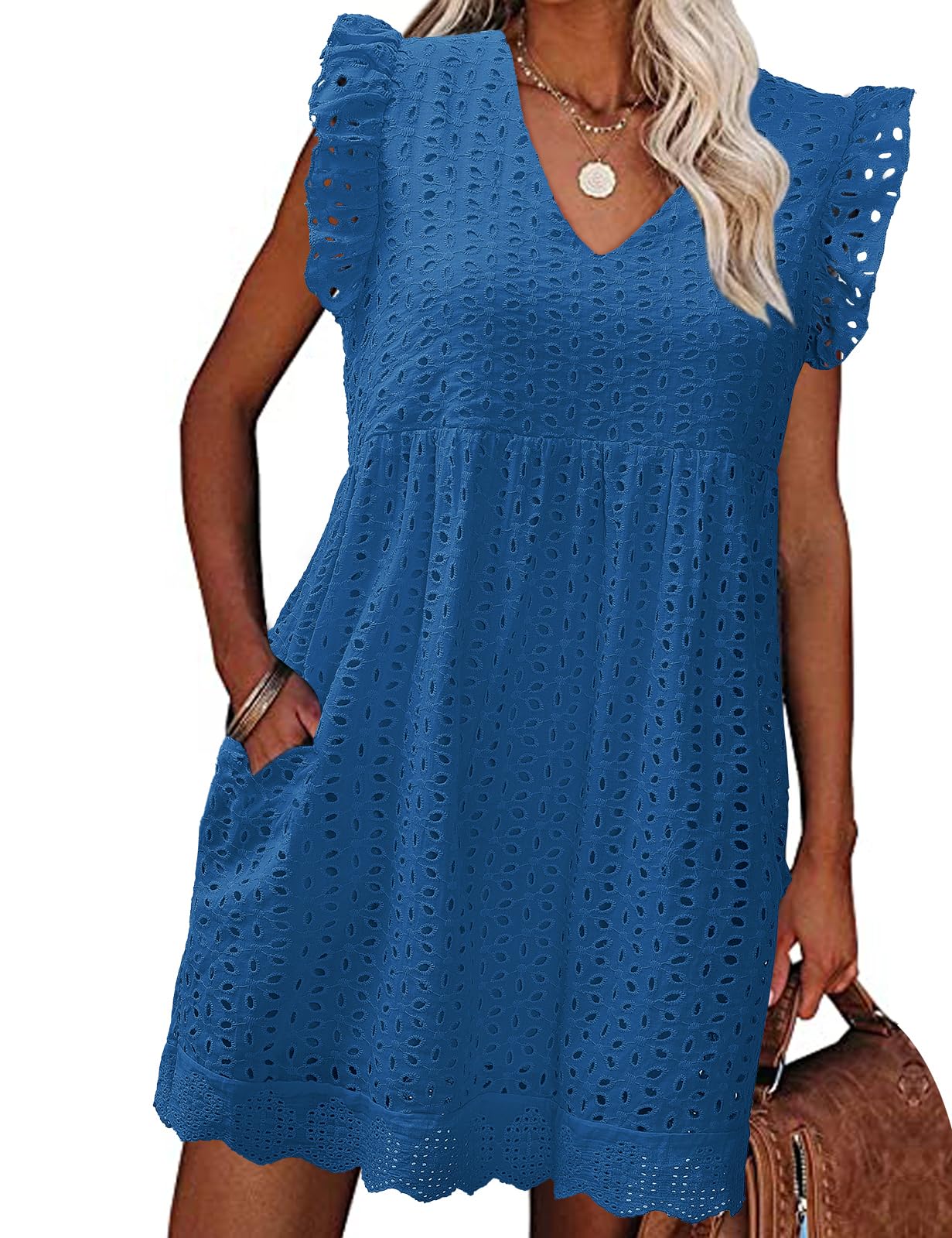 heekpek Vestidos Verano Mujer Sin Mangas con Volantes Cuello V Mini Vestido Mujer Algodón Rectos Sueltos Hueco de Flores Jacquard Casual Vestidos de Playa