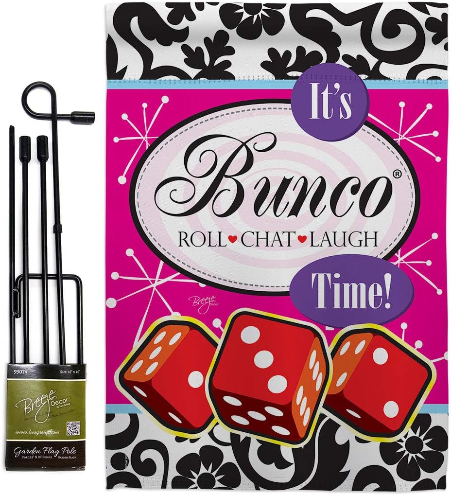 Breeze Decor It's Bunco Time! Garden Flag - Set with Stand Interests Games Night Dice Poker Bingo Hobbies Leisure Activity - House Decoration Banner Small Yard Gift Double-Sided Made in USA 13 X 18.5