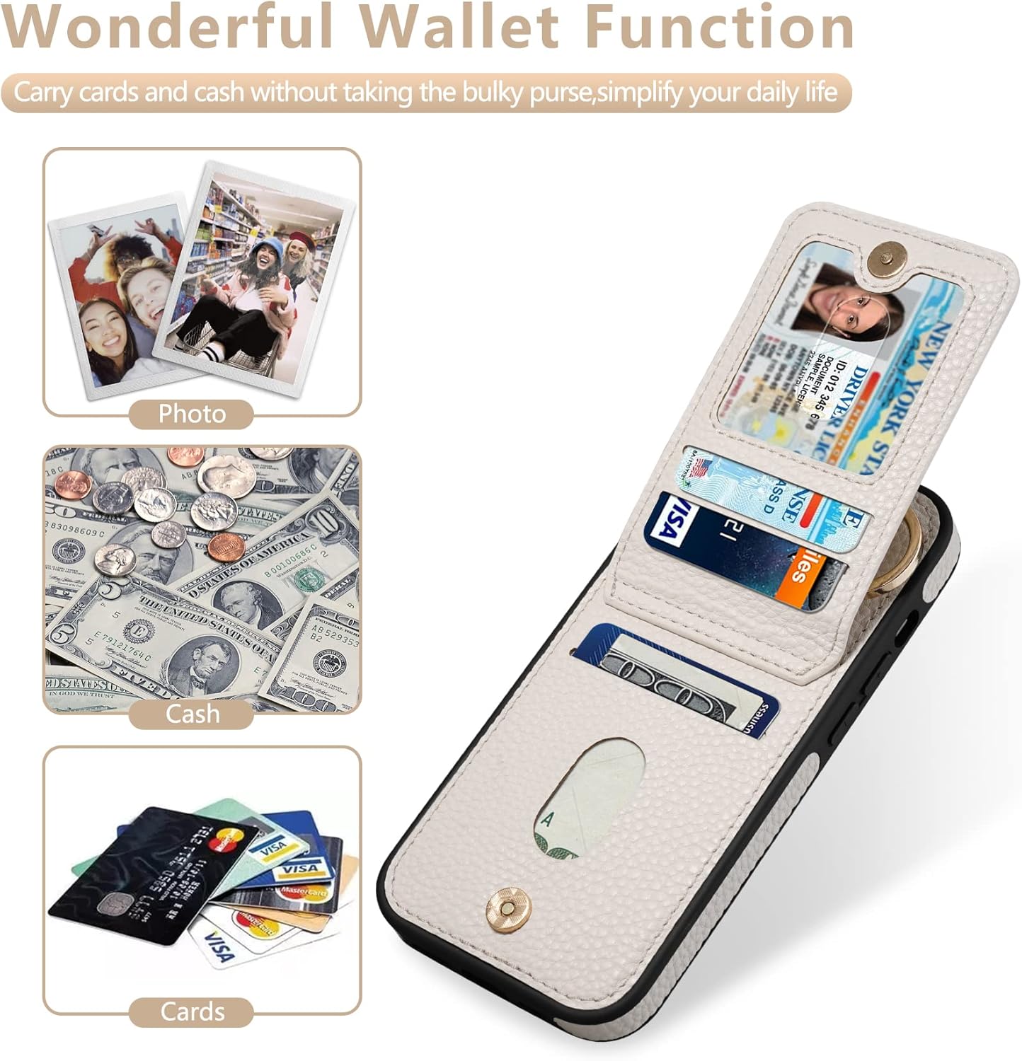 Keallce Case for iPhone 14 Pro 6.1'', Detachable Crossbody Wallet Case with RFID Blocking Card Slots, 360ｰStand Ring, Flip Leather Protective Cover Lanyard Shoulder Strap Women for iPhone 14 Pro,Beige - Image 3