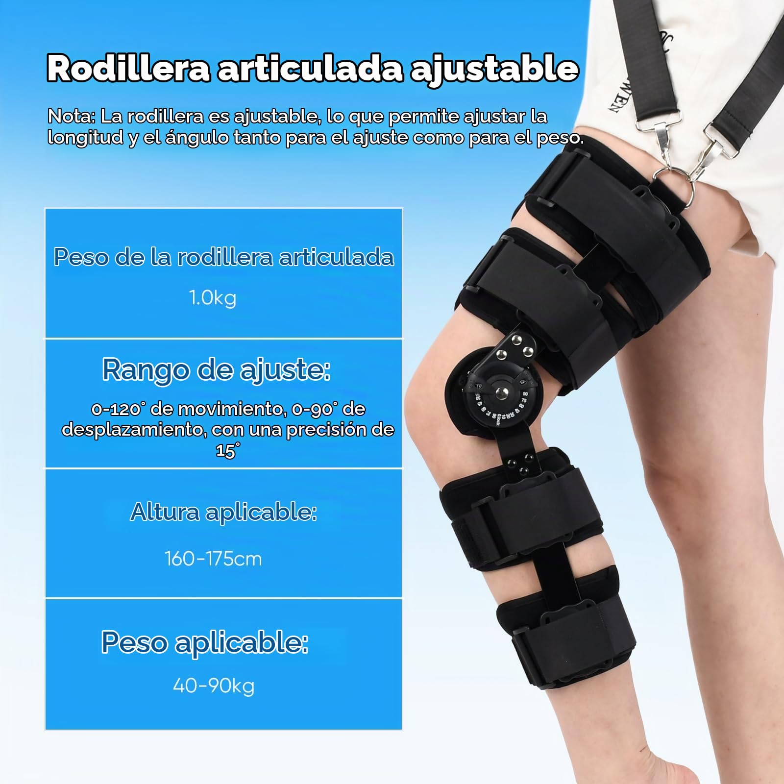 Rodillera Ajustable ROM Inmovilizador de rodilla con bisagras ROM Soporte De Rodilla Ajustable postoperatorio Inmovilizador de rodilla para hombres y mujeres(Viene con correa para el hombro)