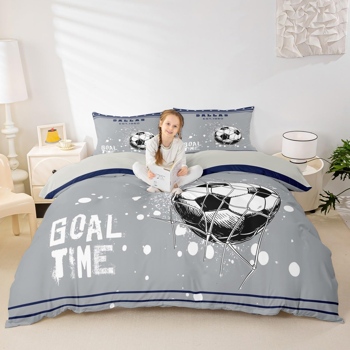 Homewish Soccer Goal King Size zestaw pościeli, futbol amerykański poszewka na kołdrę dla dzieci chłopców nastolatków sypialnia, gwiazdy w paski tele szara granatowa poszewka na kołdrę sportowa piłka