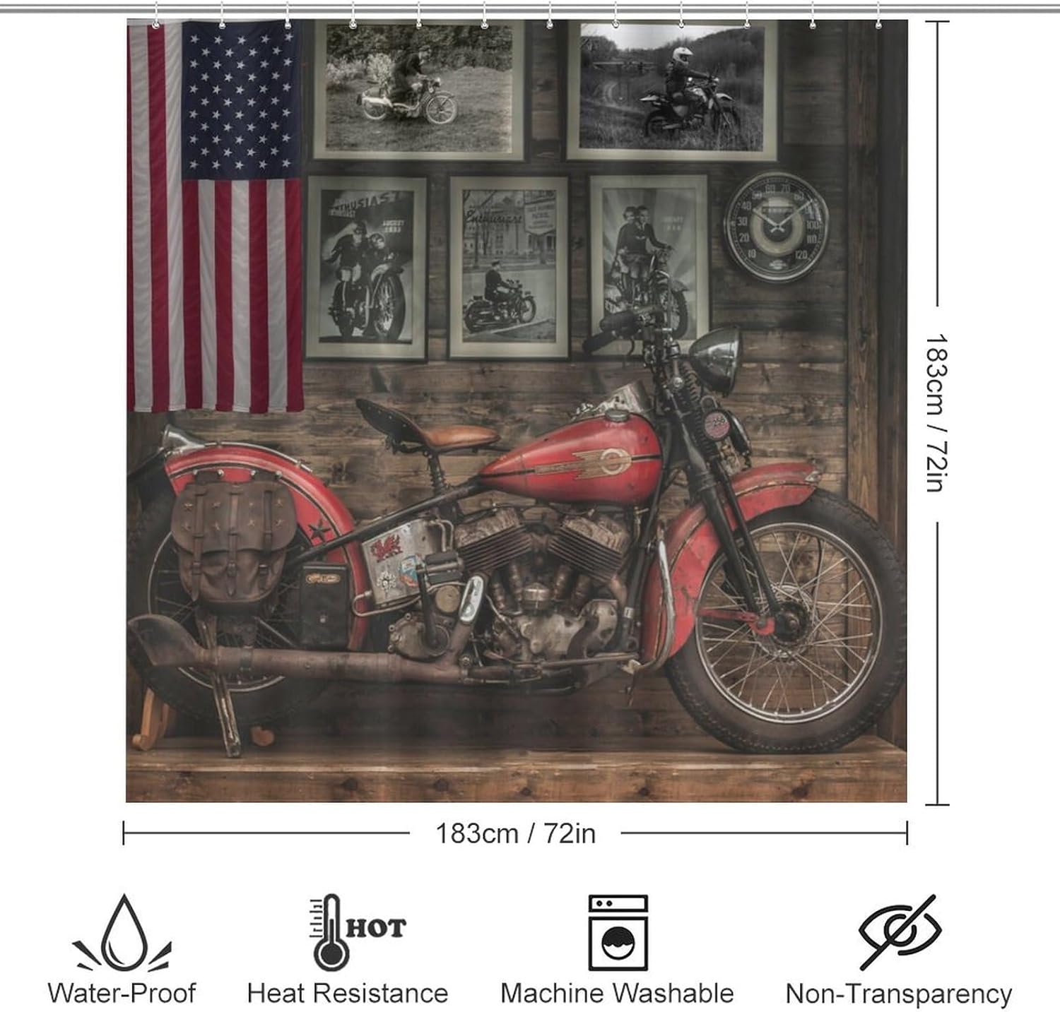 Vintage Antique Motorcycle 4 Pcs Waterproof Shower Curtain Set,Rustic Western Farm Wood Boards Old Motorcycle American Flag with Waterproof Toilet Cover Shower Mat Rugs