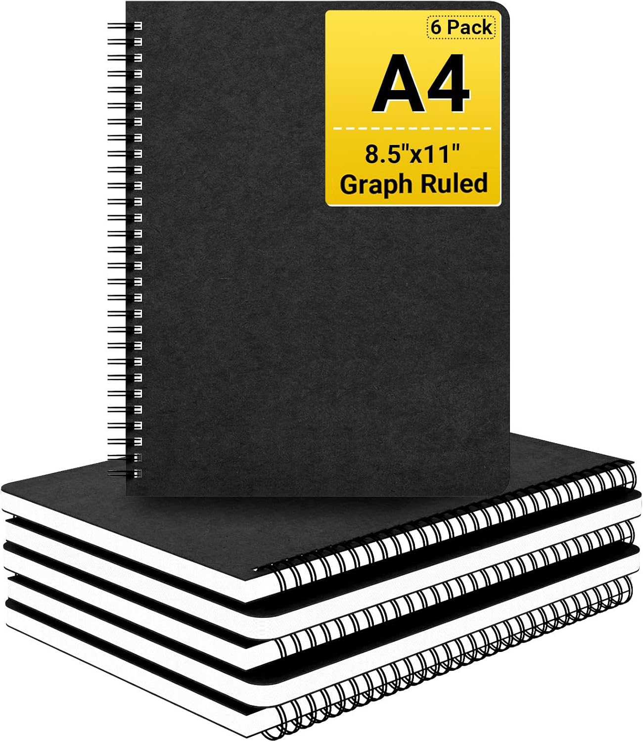 EUSOAR Graphing Notebook, Large A4 6Packs 8.5"x11" 120 Pages Graph Paper Notebook Spiral, Hardcover Spiral Grid Paper Notebook Composition for Math Science Engineering Artist Drawing-Black