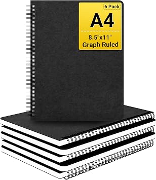 EUSOAR Graphing Notebook, Large A4 6Packs 8.5"x11" 120 Pages Graph Paper Notebook Spiral, Hardcover Spiral Grid Paper Notebook Composition for Math Science Engineering Artist Drawing-Black