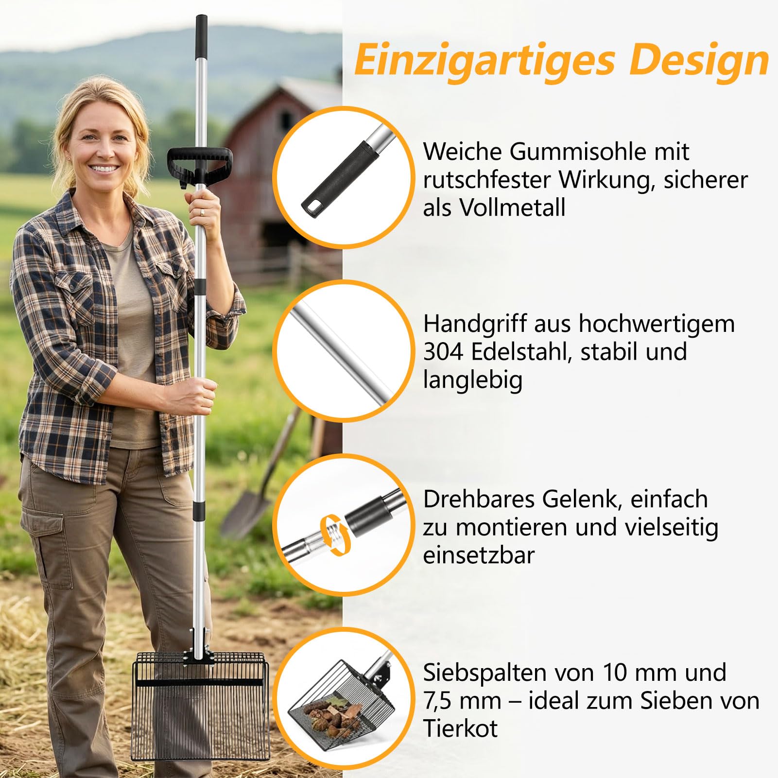 30cm Hühnerkotschaufel, groß Hühnerstall Zubehör mit Griff & Handschuhe, Edelstahl Katzenstreuschaufel, 4-IN-1 Verstellbare Siebschaufel Schaufel Katzenklo von KOT für Hühnerstall Kuhstall Garten