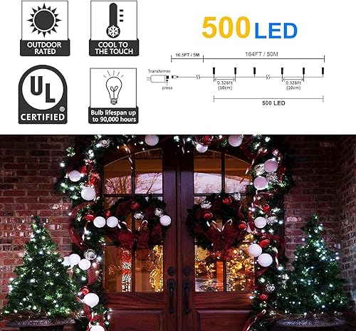 Miniatura 2 de kemooie Tira de 500 luces LED de Navidad, 164 pies, 8 modos de iluminación con enchufe de memoria, cable verde, luces impermeables, para interiores