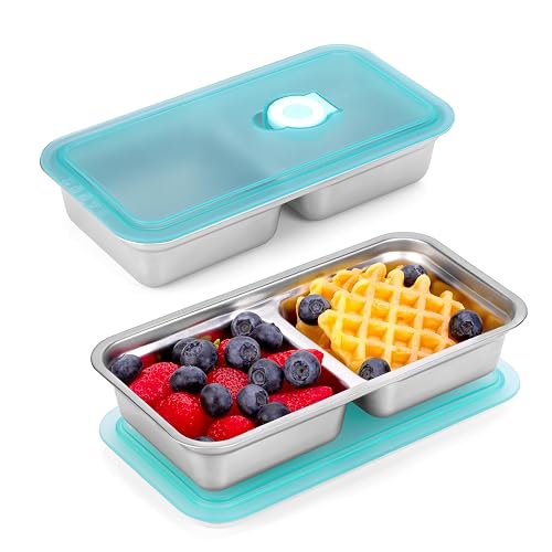 IGUOCY Grab and Go Snack Containers Reusable, Stainless Steel Snack Containers, 2 Compartment Condiment Bowls with Lids, Meal Prep Lunch Box, Takeout, Travel And Camping Food Storage (2Pcs)