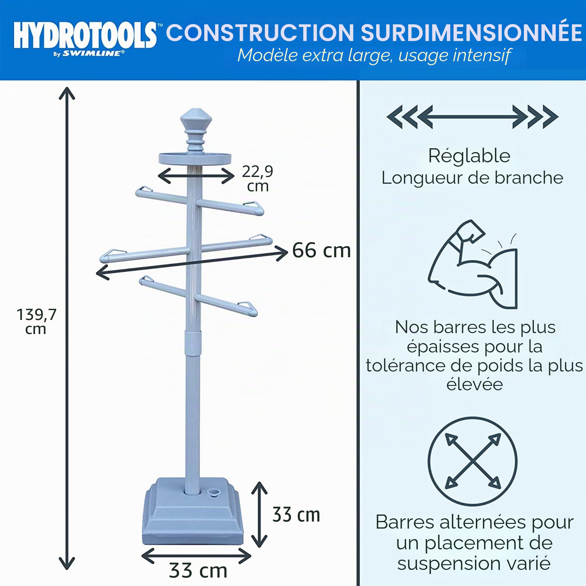 Swimline HYDROTOOLS 89033 Porte-Serviettes réglable de qualité supérieure avec Base lestée à l'eau, Trois Bras Clips sécurisés pour extérieur et intérieur, Piscine, terrasse, Piscine