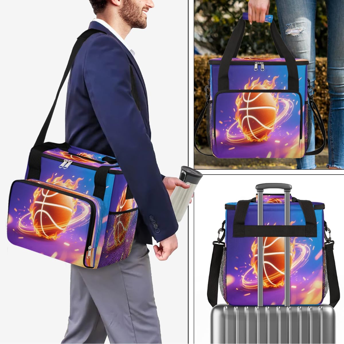 Flaming Basketball Portable Coffee Maker Carrying Bag Compatible with Keurig K-Mini or K-Mini Plus - Travel Storage Tote with K-Cup Pod Pockets for Single Serve Coffee Brewer