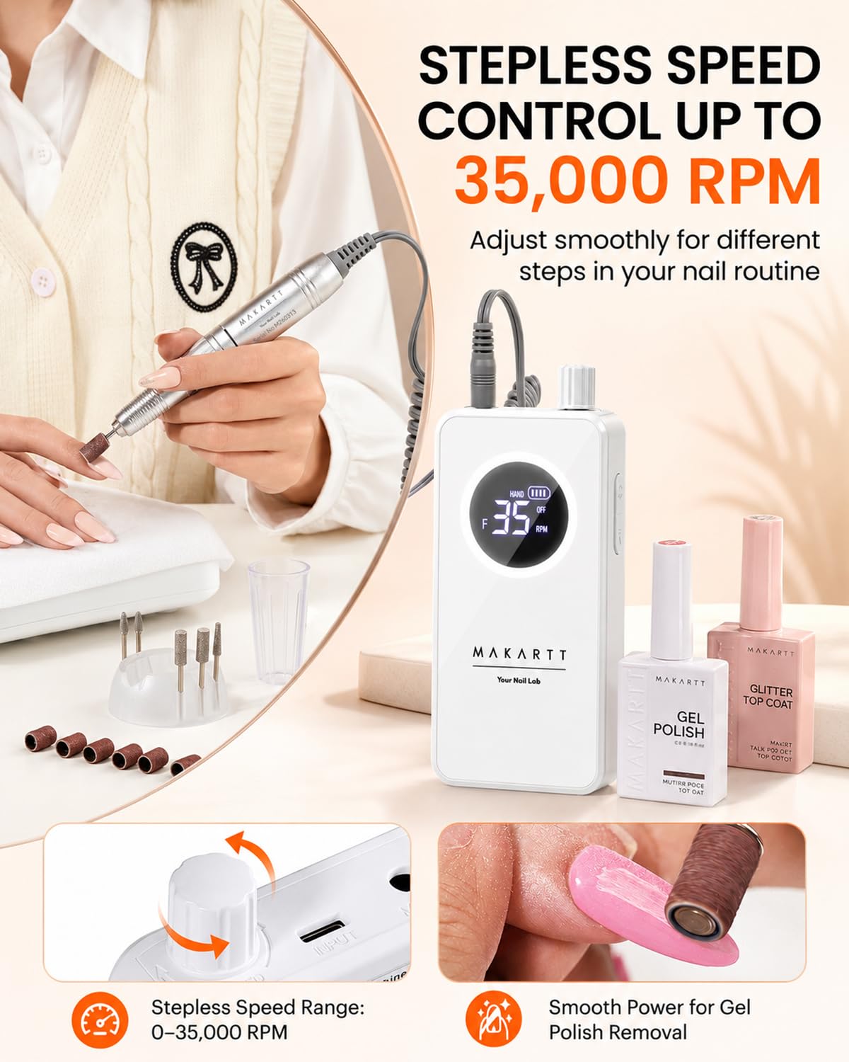 Makartt Kabelloser Nagelbohrer - Elektrische Nagelfeile 35000 Tragbare Elektrische Nagelbohrmaschine Kit Nagelfeile Efile Set für Acrylgelnägel mit Bits Schleifbänder Weiß