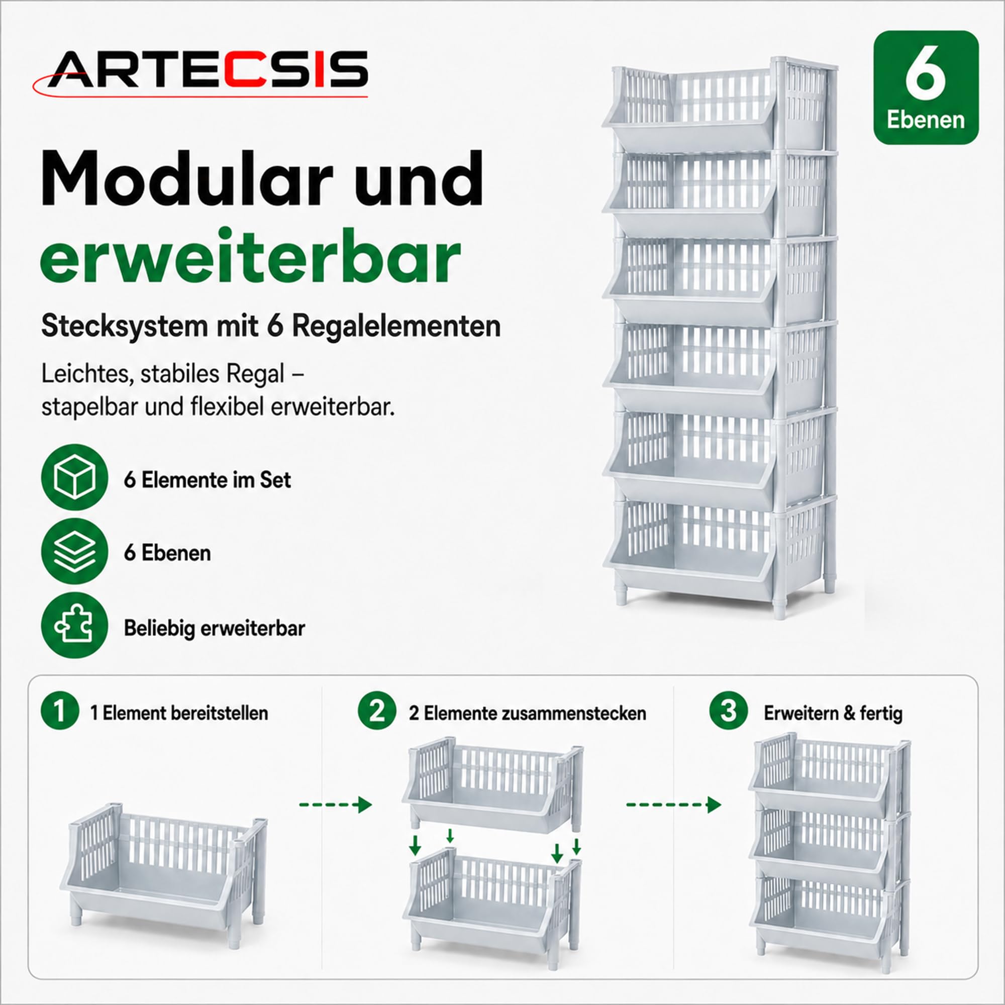 ARTECSIS Mensola per cestini in plastica, 6 livelli, 110 x 41 x 30 cm, grigio granito/stoccaggio modulare