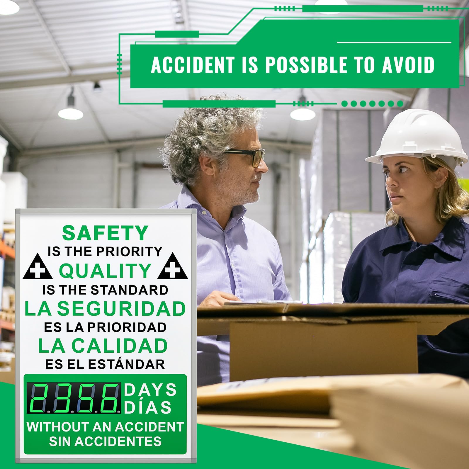 Days Safety Is The Priority Without Accident - Marcador electrónico de seguridad de 28 x 20 pulgadas con control remoto, marcador seguro con texto en inglés «Days Without a Lost Time Accident Are