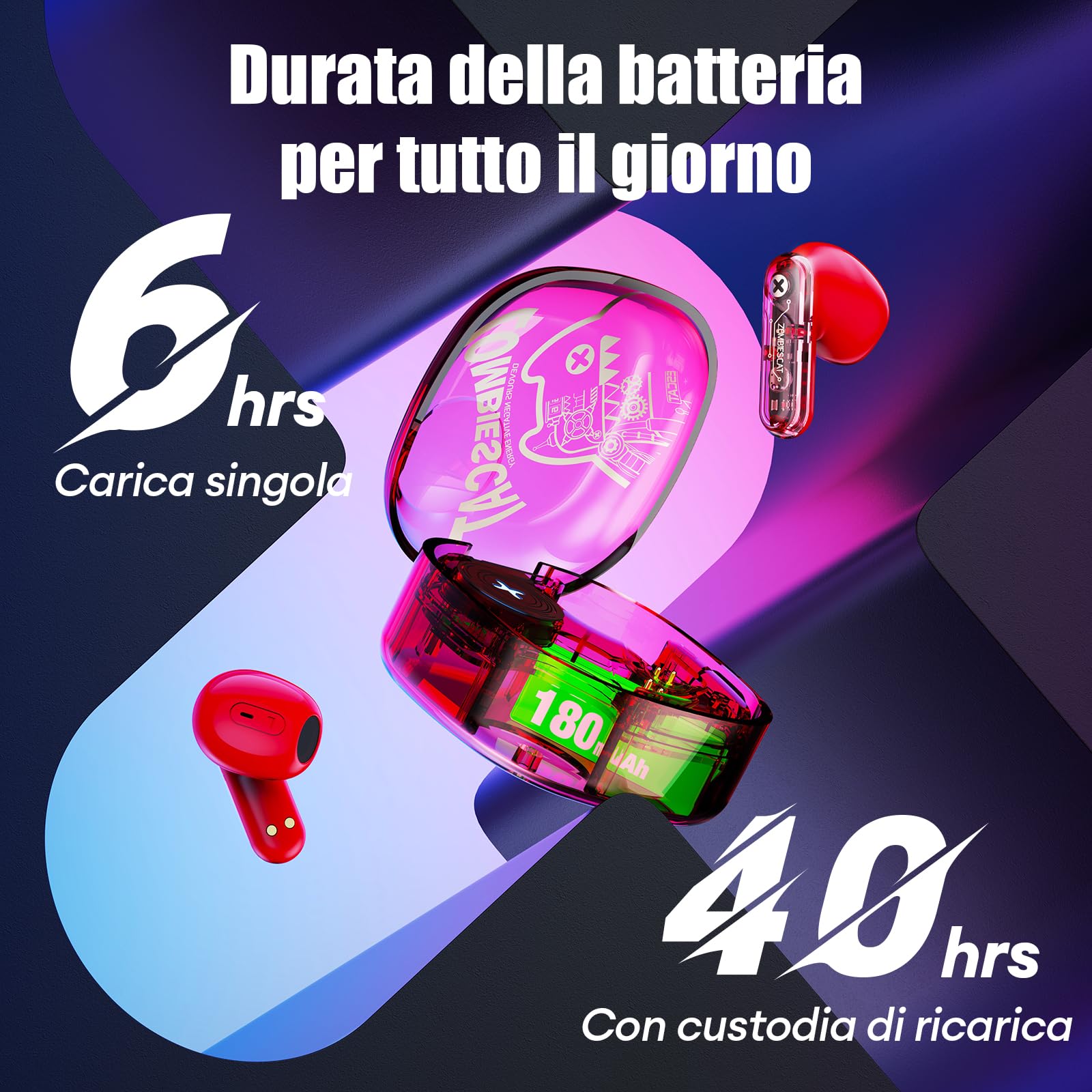 ZOMBIES CAT Cuffie Bluetooth Auricolari Bluetooth 5.3 40H Playtime HiFi Stereo Auricolari esclusivi effetti luce Cuffie Touch Control Auricolari In Ear per IOS Android, B2 Rosso