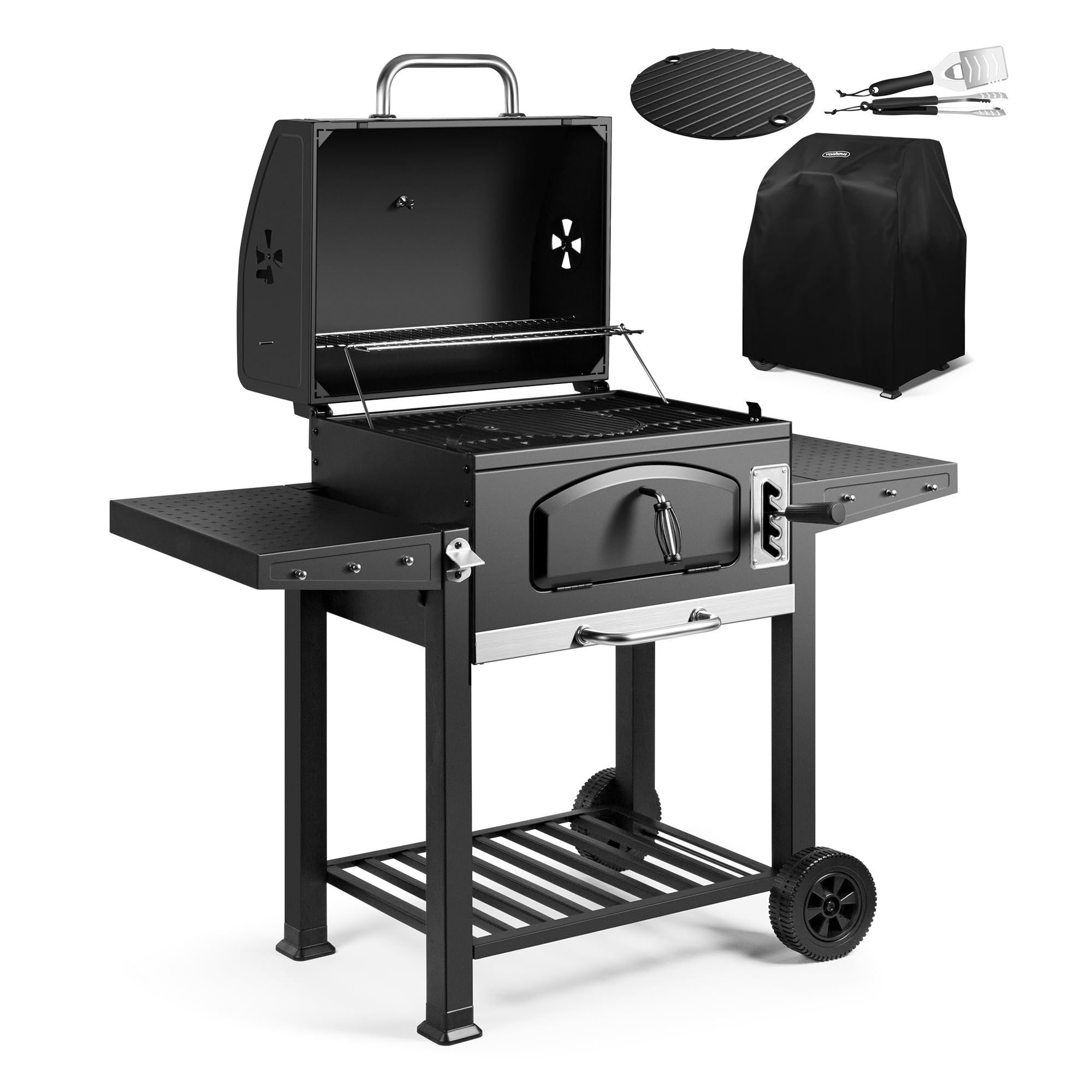 VonHaus Charcoal BBQ – XL Portable Barbecue with Warming Rack, Fold Down Shelves, Temperature Gauge, Wheels, Cooking Grill, Air Vents – 2 in 1 Barbeque and Smoker – Grill Meat, Fish & Vegetables — view 12