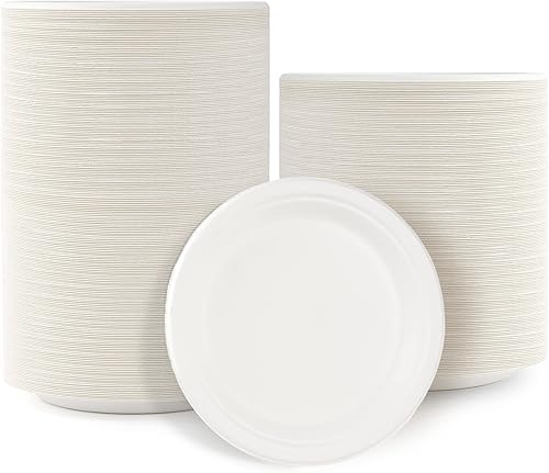 Miniatura 10 de Azure Zone, Paquete de 125 platos de papel compostables, fibra de bagazo de caña de azúcar natural, biodegradable, platos desechables resistentes,