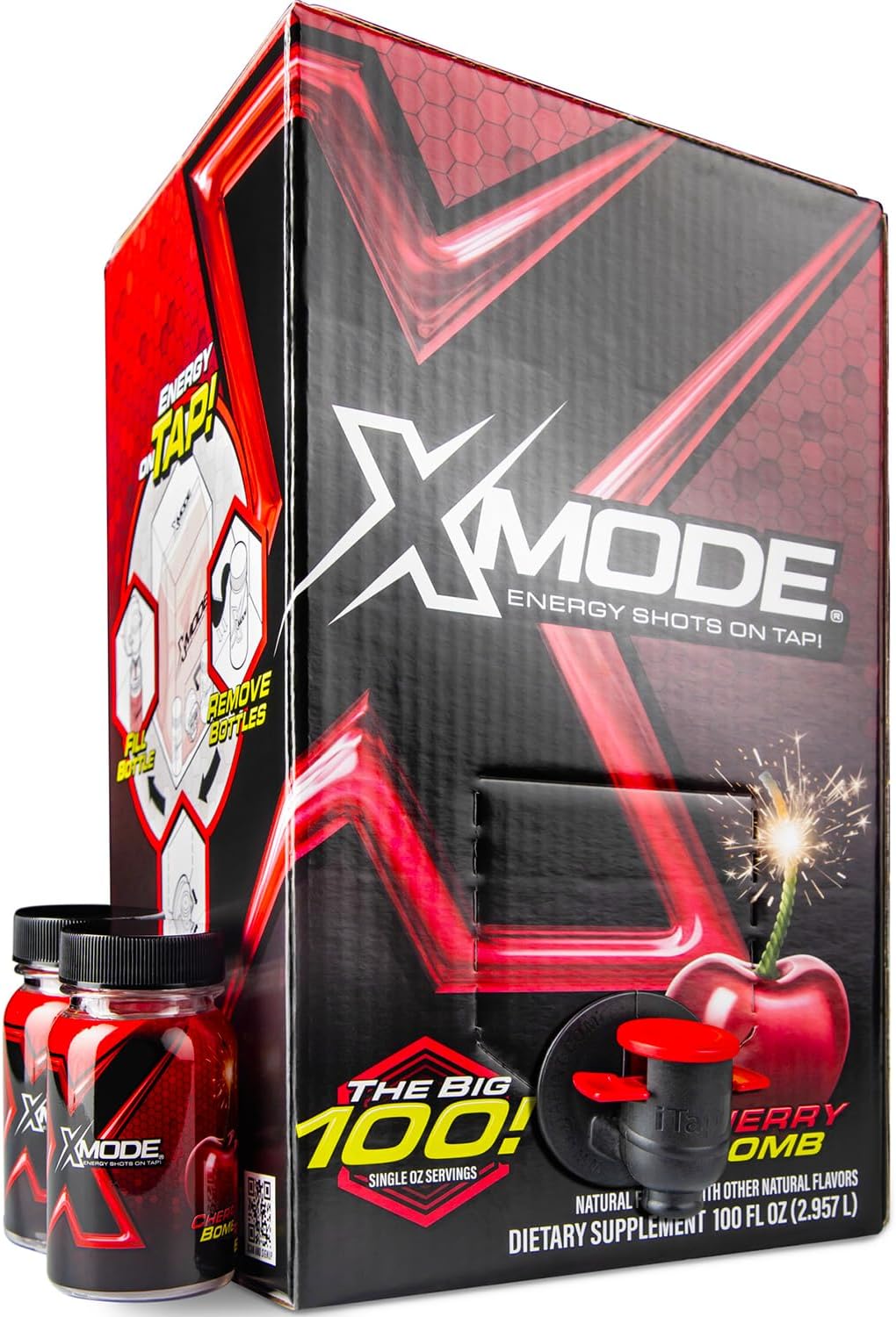 - Extra Strength Energy Shots on Tap – Cherry Bomb Flavor, Sugar Free, 150mg Caffeine per oz, B12, 100 (1oz) Servings, Dispenser with 2 Refillable Bottles