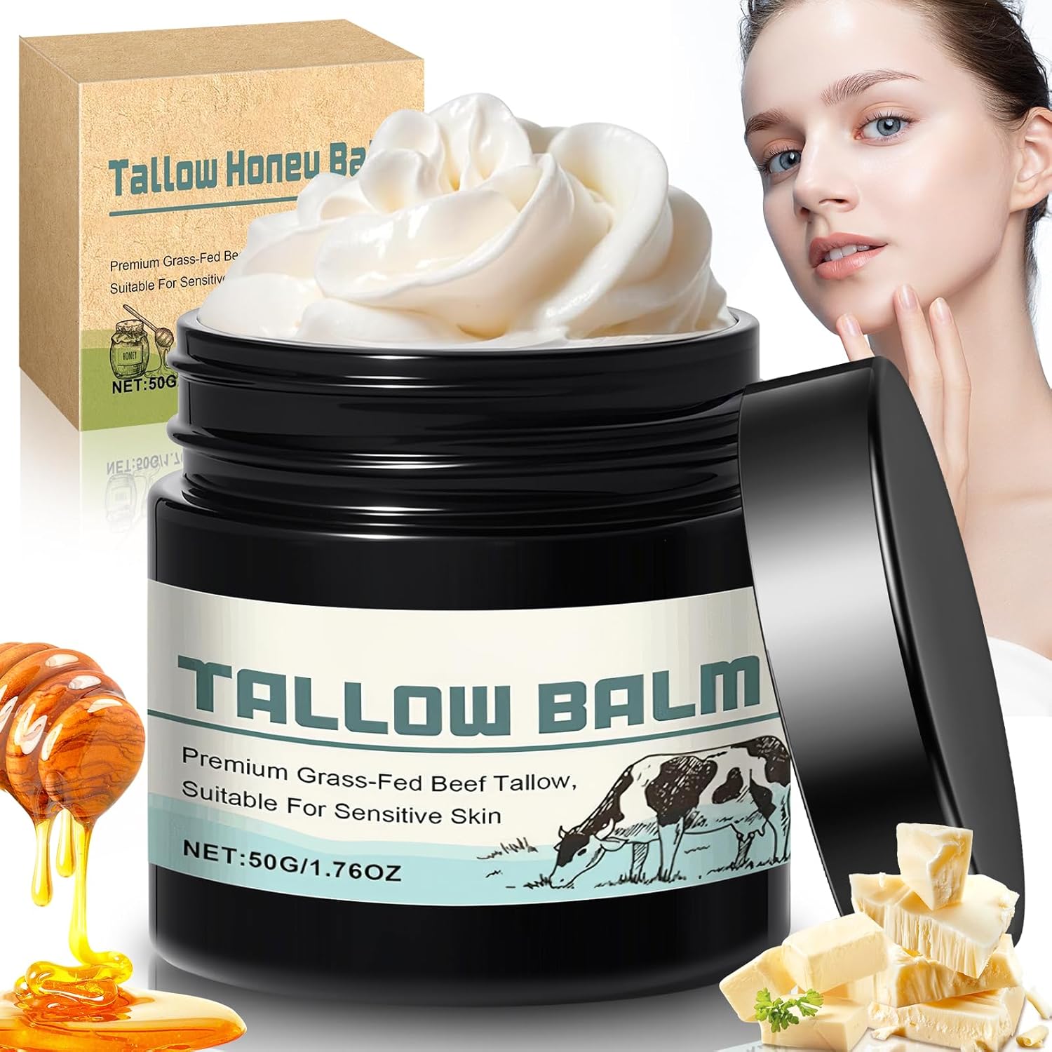 GDBadais Beef Tallow for Skin Grass Fed Tallow and Honey Balm Honey Balm Grass Fed Tallow Face Moisturizer for Sensitive Skin Anti-Aging & Dry Skin - Ancestral Skincare (50g)