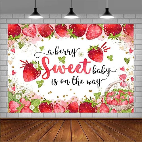 Miniatura 4 de Cartel de decoración de fiesta de cumpleaños con texto en inglés "Strawberry Girl Berry Sweet Baby is on The Way" (7 x 5 pies)