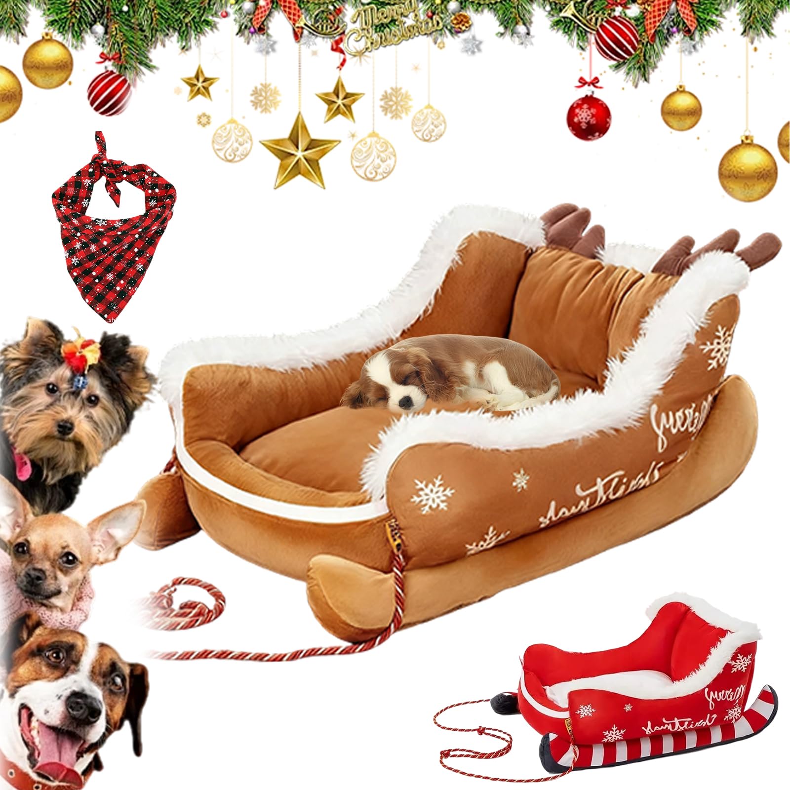 Christmas Sleigh Dog Bed, Christmas Cat Bed, With Non-Slip Base, Washable Christmas Dog Bed,Festive Plush Cosy Bed, Soft Plush Pet Bed, For Pets To Sleep Peacefully In Winter (1PC-B,80*55*38CM)