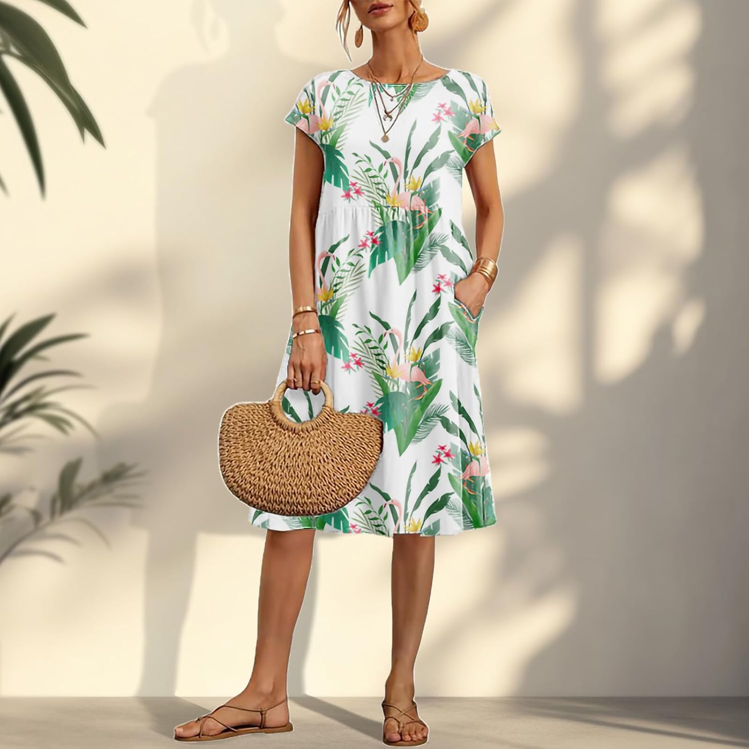 Vintage Boho Summer Dresses for Women Floral Graphic Knee Length High Waist Cap Sleeve Beach Outfits with Pockets - Image 2