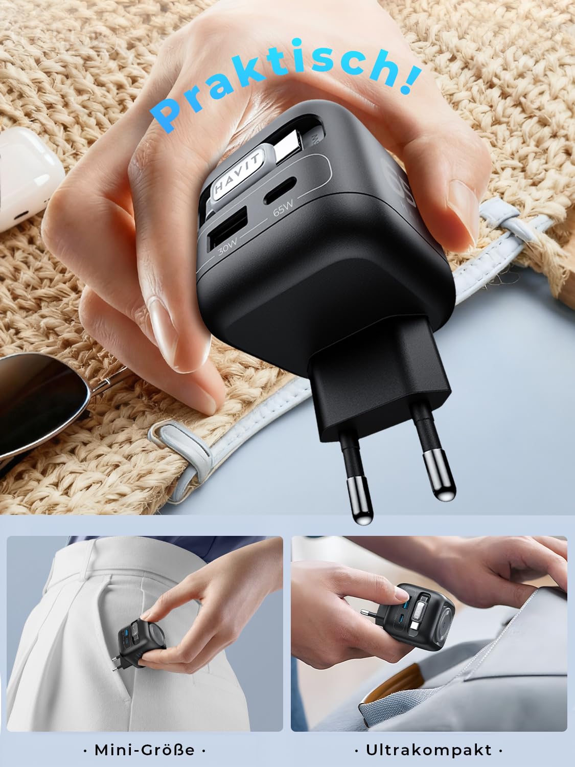 havit Caricatore USB-C da 35 W, con cavo retrattile, 4 porte, GaN, con cavo di ricarica per Apple Watch serie Ultra/10/9/SE, iPhone 16/15, iPad, tablet, Galaxy S-A (65 Watt)