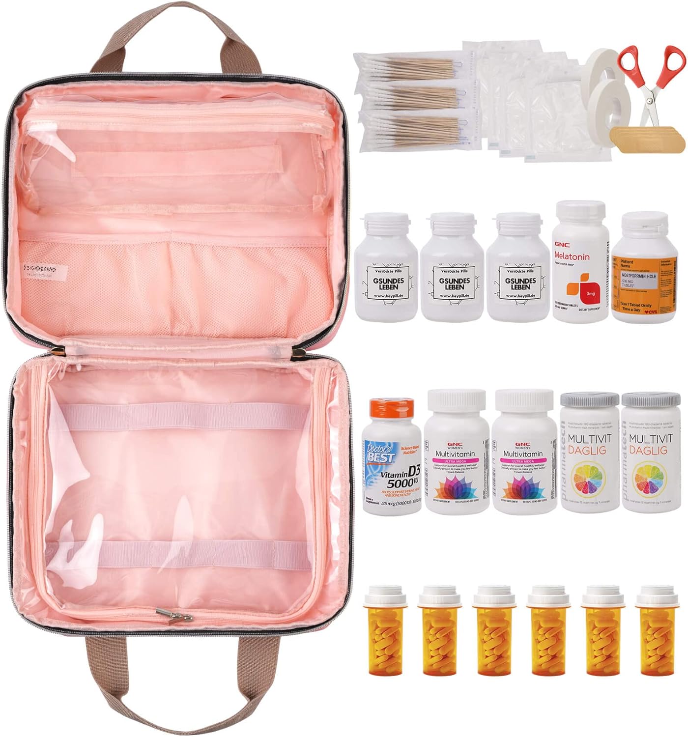 Heouvo Travel Pill Bottle Orgainzer Bag with Portable Small Pouch, Lockable Medicine Organizers and Storage Bag for Pills/ Vitamins/ Fish Oil/ Medical Supplies, Empty First Aid Bag (Pink) : Health & Household