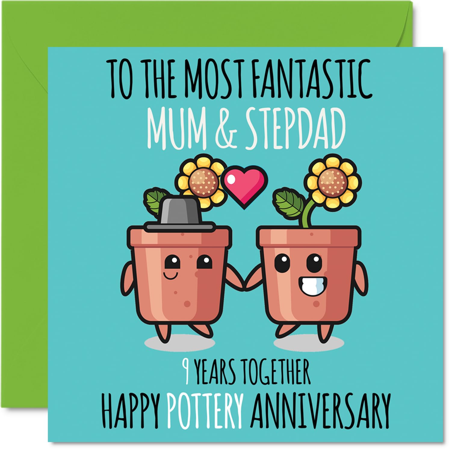 Cute Pottery Anniversary Card for Mum & Step Dad - 9 Years Together - Happy 9th Wedding Anniversary Cards for Step Dad Mum, 145mm Greeting Cards Anniversaries
