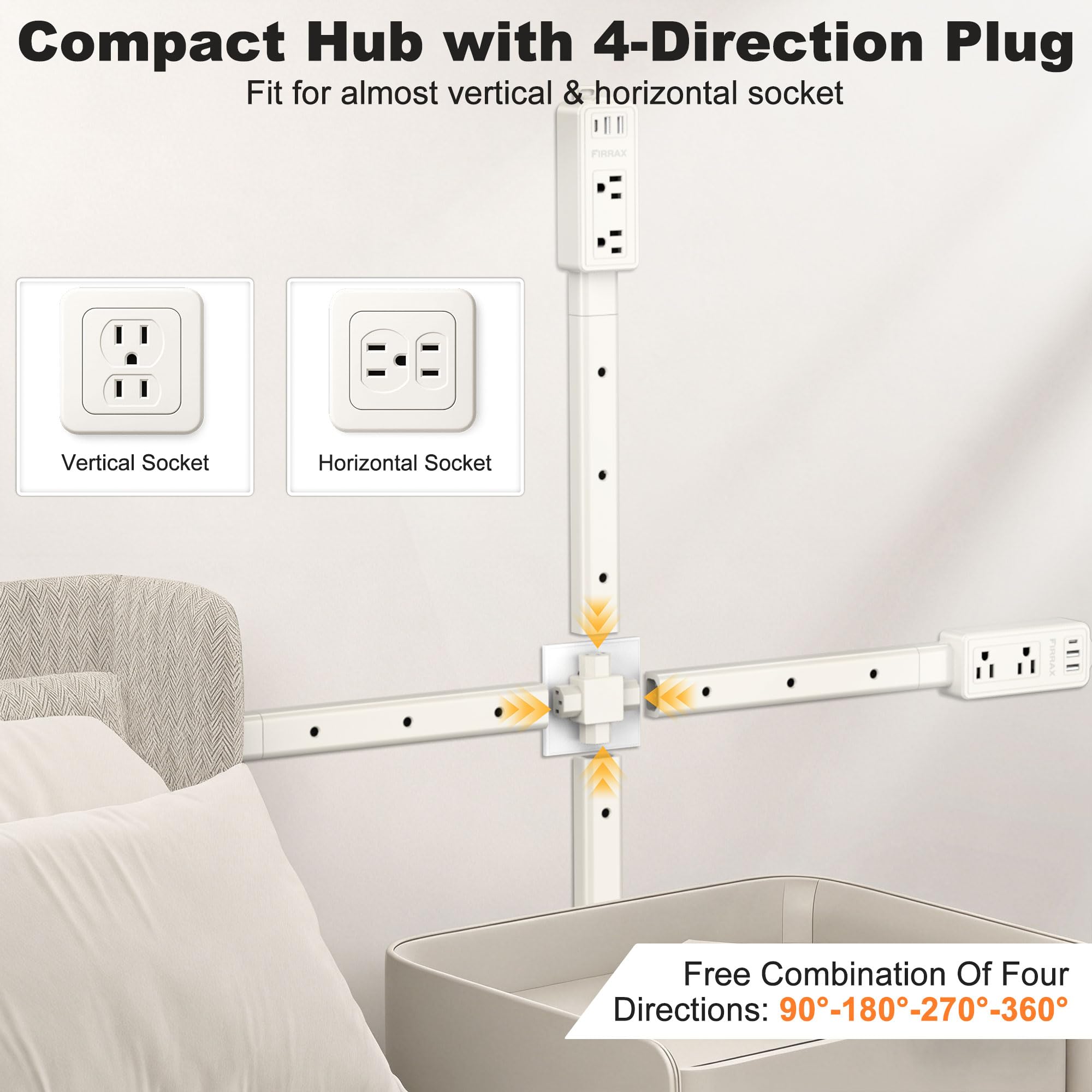 Power Socket Expander – 3 Prong Outlet Extender, Extends 22 To 34 Inches, 180° Rotating Base For Couches, Desks & Nightstands