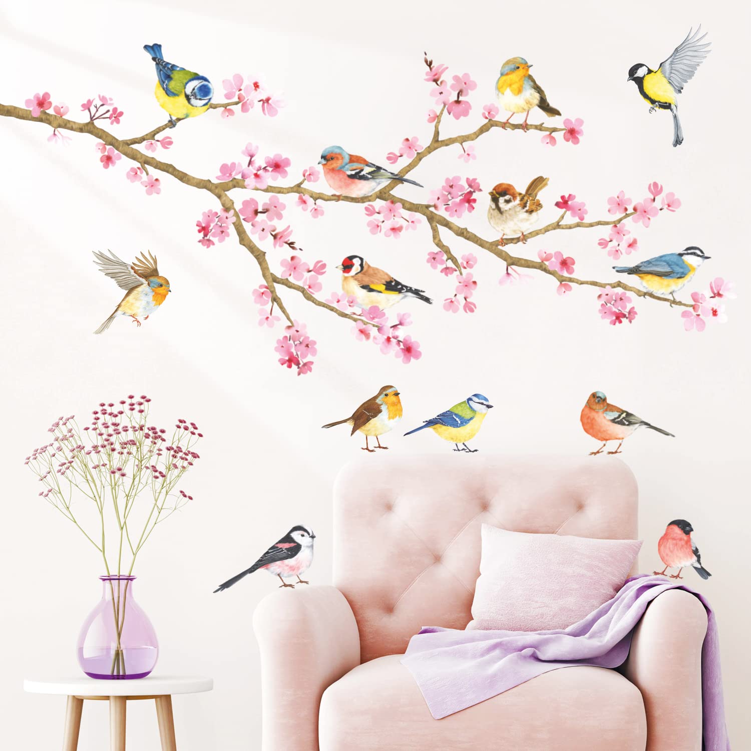 Autocollants Muraux DECOWALL - Oiseaux Sur Branche, Déco Chambre Enfant