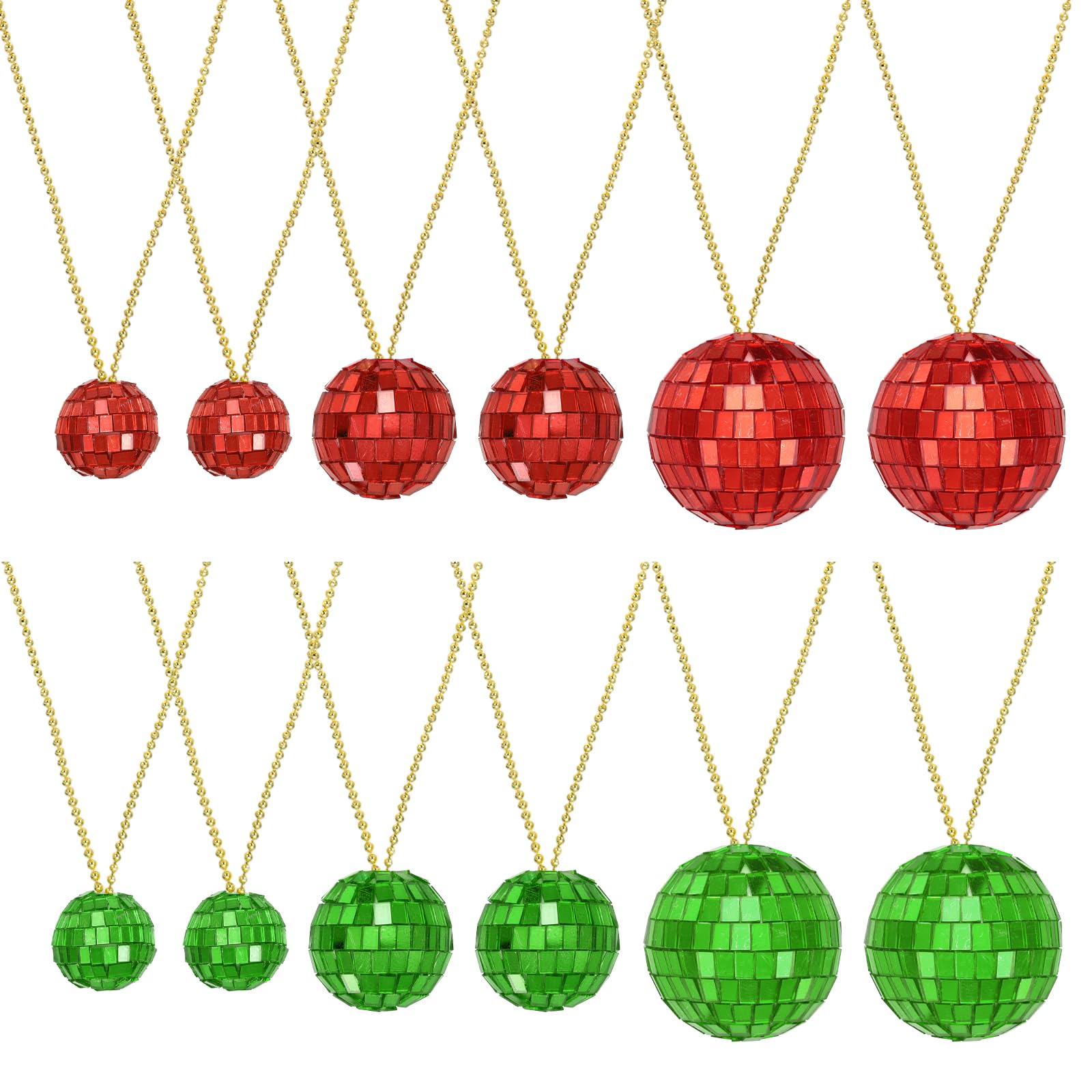 sourcing map Mirror Disco Ball Necklace, 1.2"/1.5"/2" 70s Disco Party Necklaces for Costume Game Dance Supplies Birthday Parties Festival Jewelry Accessories, (Red/Green, Pack of 12)