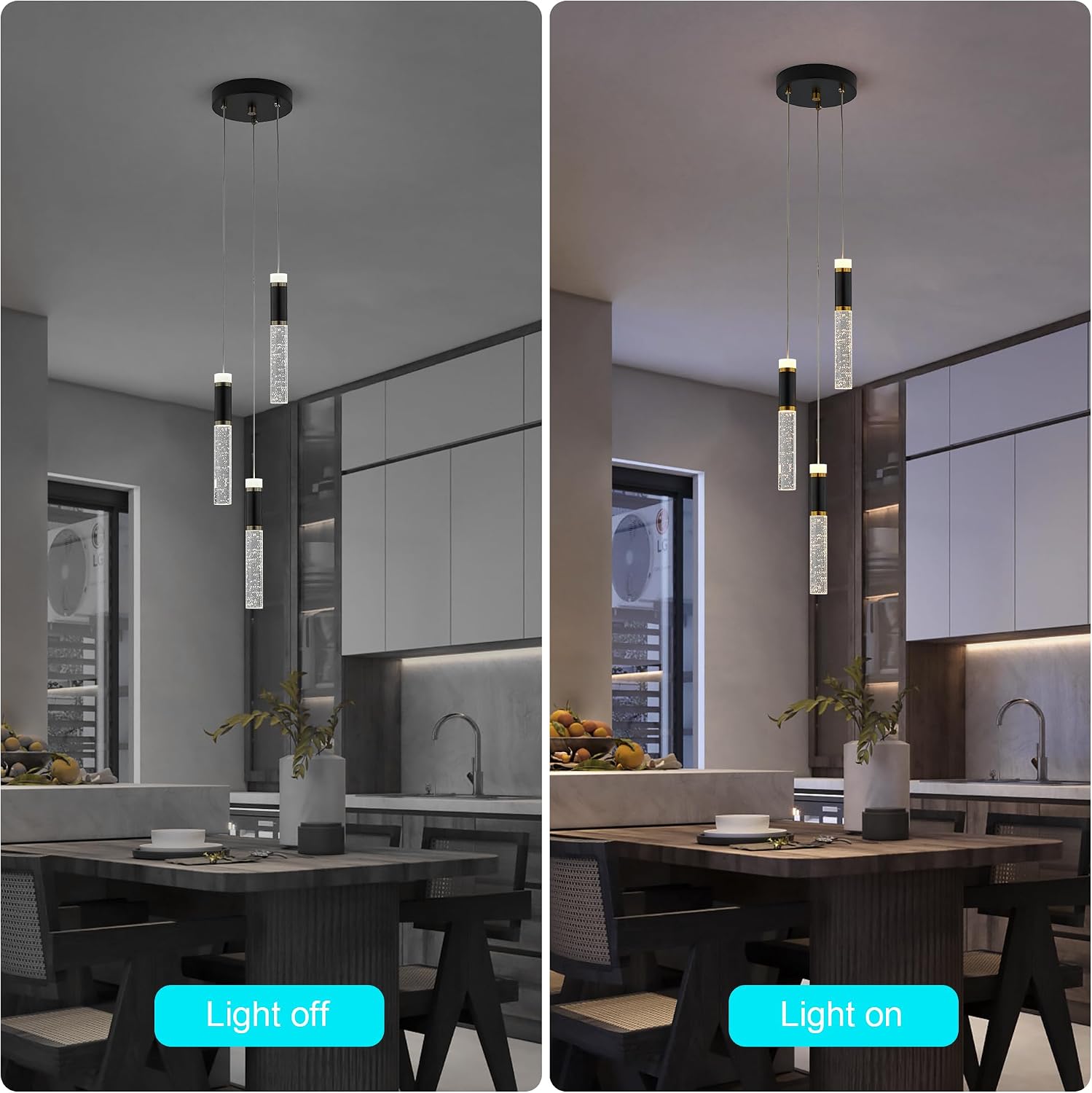 3-Light Modern Pendant Lights Kitchen Island, LED Pendant Light Fixtures, Dimmable Pendant Hanging Lights with Bubble Crystal, Black Gold Chandeliers for Bedroom, Kitchen, Dining Room