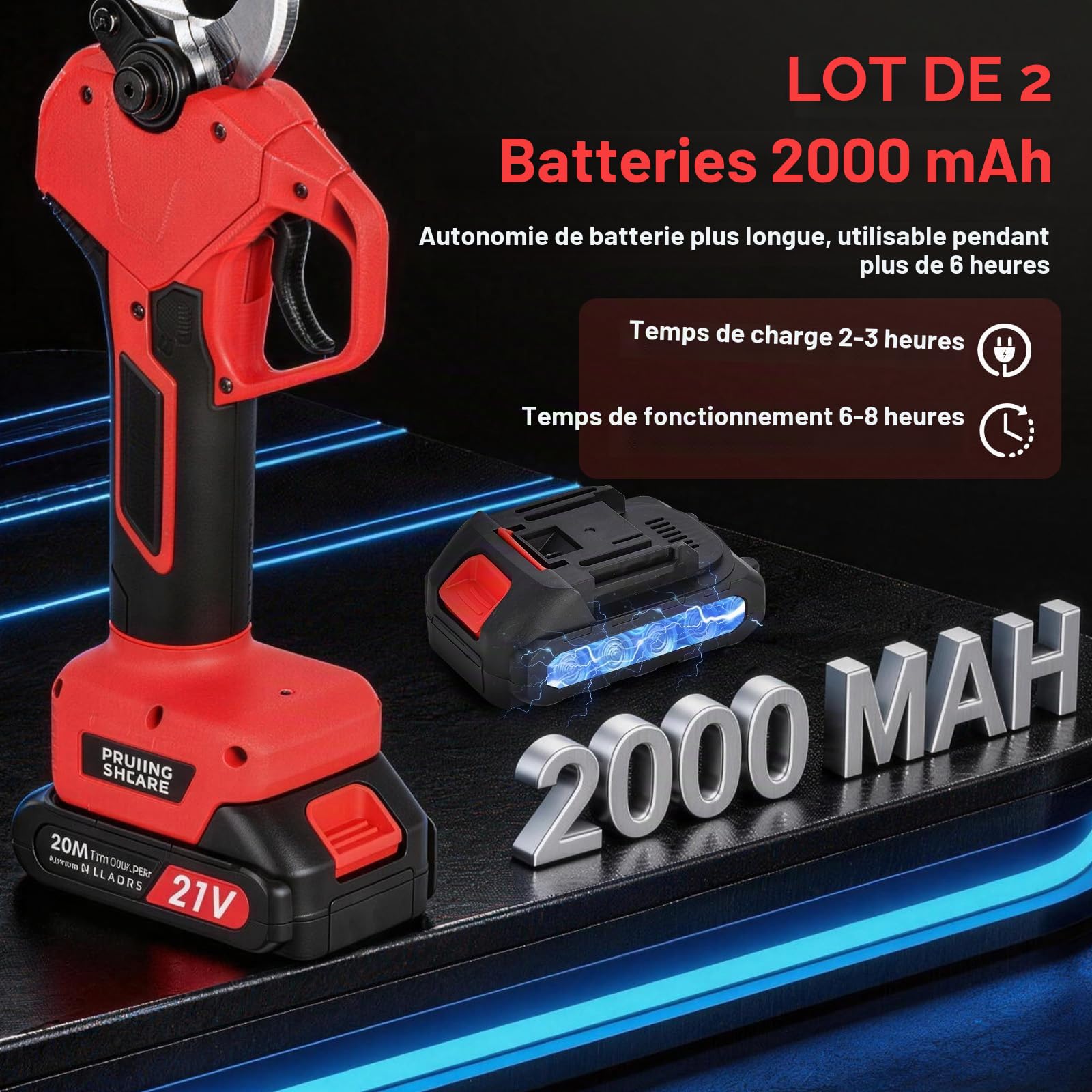 Secateur Electrique Sans Fil 50mm: Sécateur Électrique Brushless avec 21V 2x2000mA Batteries, 2PCS SK7 Professionnel Sécateur Lame Convient Pour Jardinage Arbustes, Raisins, Olives