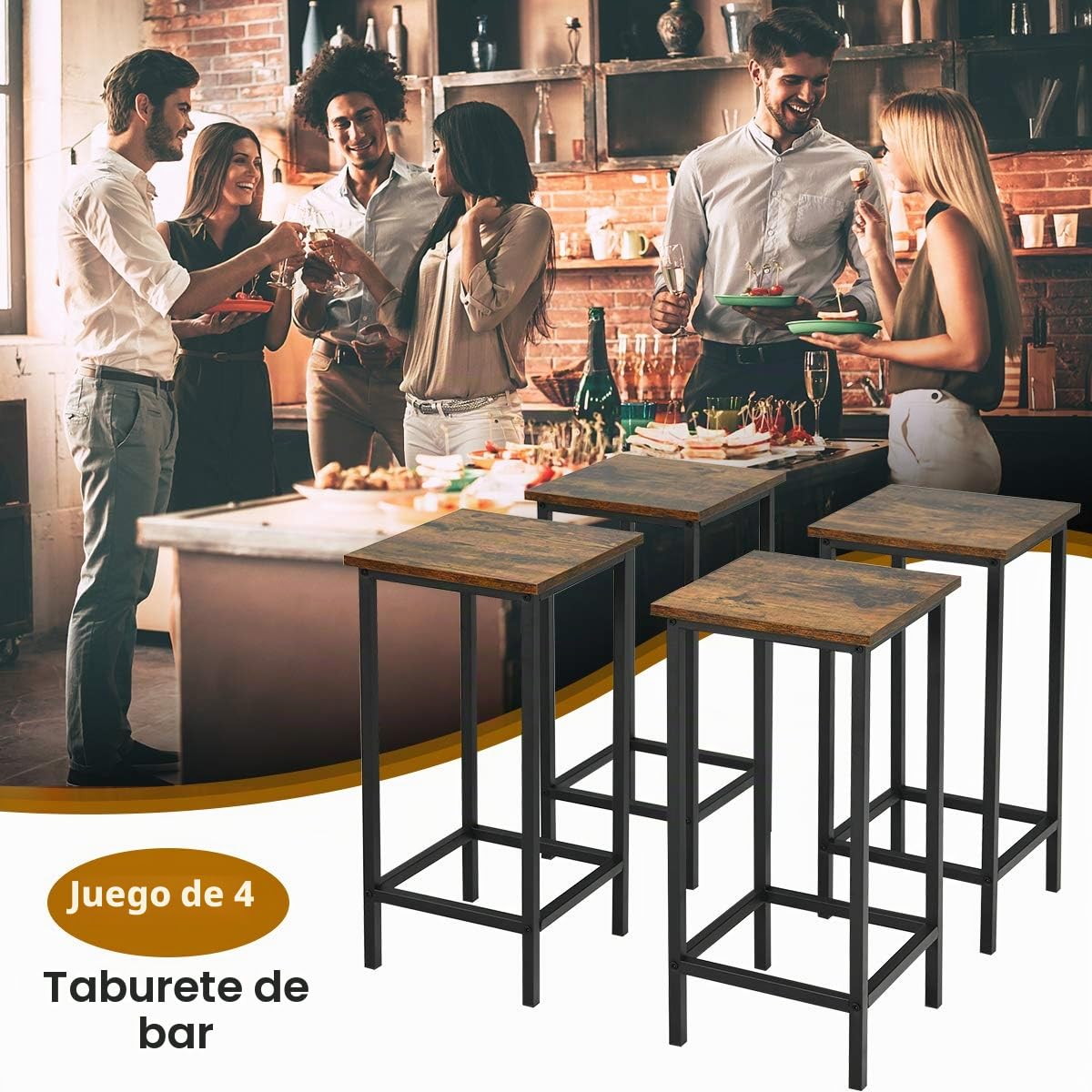 GIANTEX Juego de 4 Taburetes Cuadradas 30 x 30 cm, Taburete de Bar Alto de Estilo Industrial, Marco de Metal, Carga hasta 100 kg, para Cocina, Comedor (62 cm Alto)