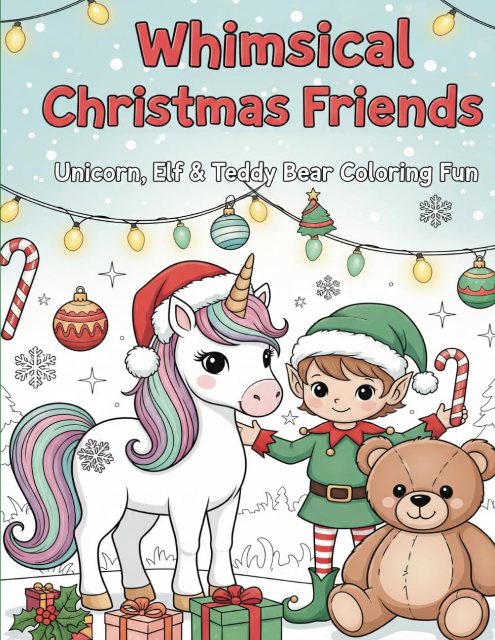 Whimsical Christmas Friends: Unicorn, Elf & Teddy Bear Coloring Fun