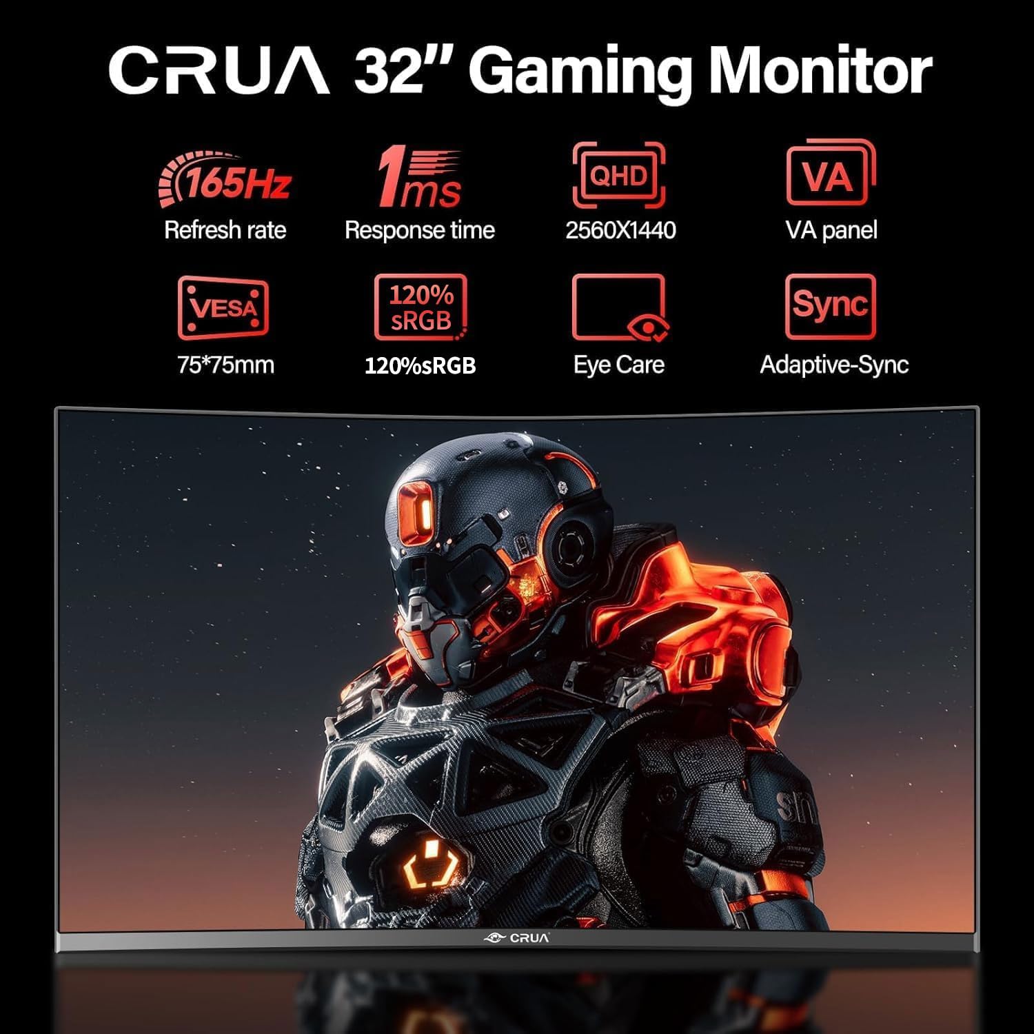 CRUA Ecran PC Gaming Incurvé 32 Pouces 2K (2560x1440p) 165Hz 144Hz,1 ms, Panneau VA, 1500R, sRGB 120%, DCI-P3 90%, Adaptive-Sync, Ultra-Thin Frameless HDMI,DP,VESA