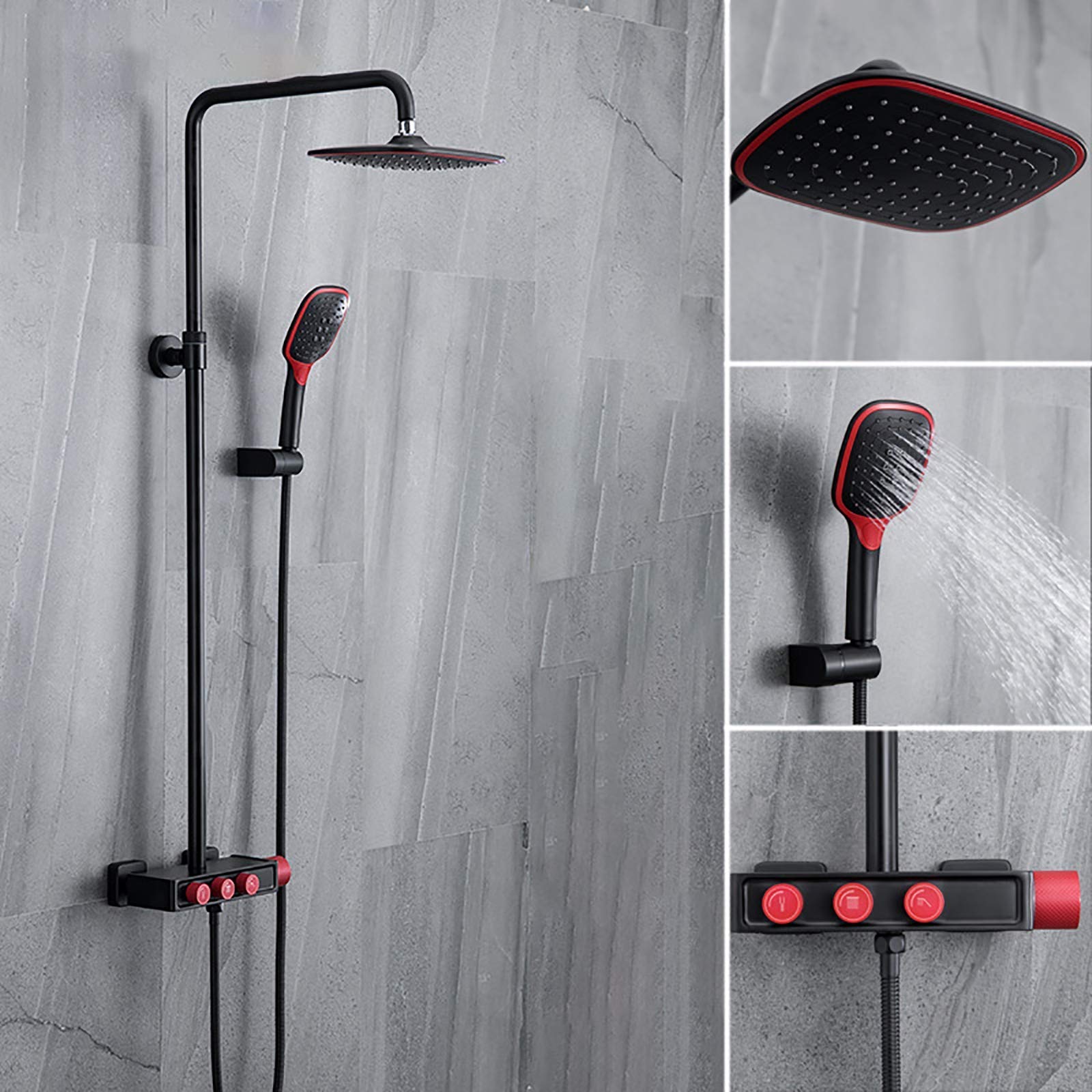 Set Doccia Multifunzionale con Rubinetto Doccia a Parete, soffione a Pioggia, doccetta a Mano e Rubinetto per Vasca da Bagno, Colore Grigio, Rosso e Nero.,