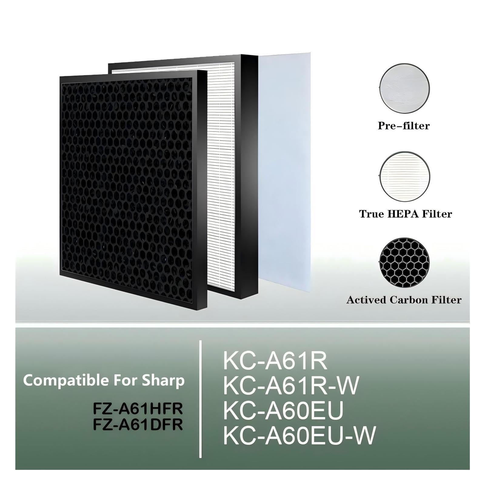 Filtro HEPA FZ-A61HFR Filtro De Carbón FZ-A61DFR, For KC-A61R KC-A60EU | Compatible con purificador de aire Sharp KC-A61R-W KC-A60EU-W, alta eficiencia, bajo nivel de ruido(1 SET Filter)