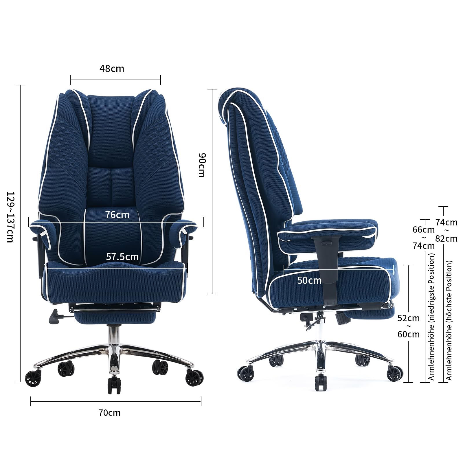 EXCEBET Chefsessel Bürostuhl Ergonomisch 200kg, Schreibtischstuhl mit Fußstütze und Atmungsaktivem Mesh, Hochlehner mit 14cm Taschenfederkern, Drehstuhl mit Höhenverstellbaren Armlehnen (Dunkelblau)