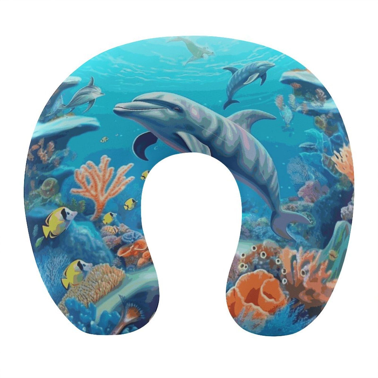 Adfgyerh Style Seabed Coral Fish Dolphins U-Shaped Pillow，Memory Foam Pillow Core，Cushion ，Provide Neck Support ，Travel Pillow，Suitable For Airplanes, Cars, Homes, And Offices.