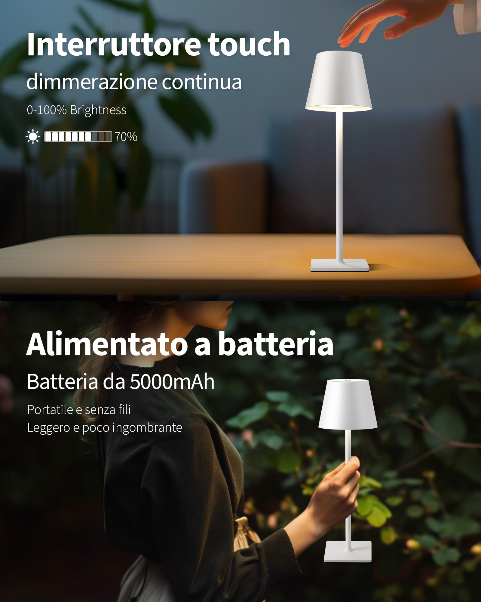 VISDANFO 2 Pezzi Lampada da Tavolo LED Senza Fili, Ricaricabile 5000mAh, Dimmerabile, 2700-6000K, Lampada da Comodino Batteria per Camera da letto, Sala da pranzo, Esterno, Impermeabile (Bianco)