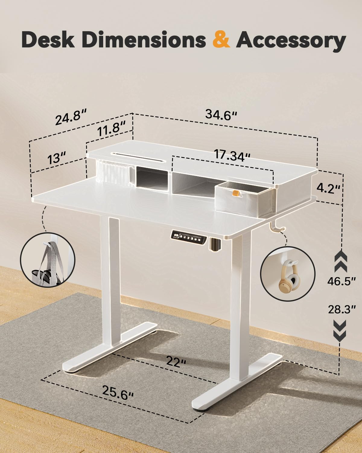 JOY worker Small Electric Standing Desk 35 x 25 Height Adjustable Desk with Built-in Monitor Stand Storage Drawer — view 2