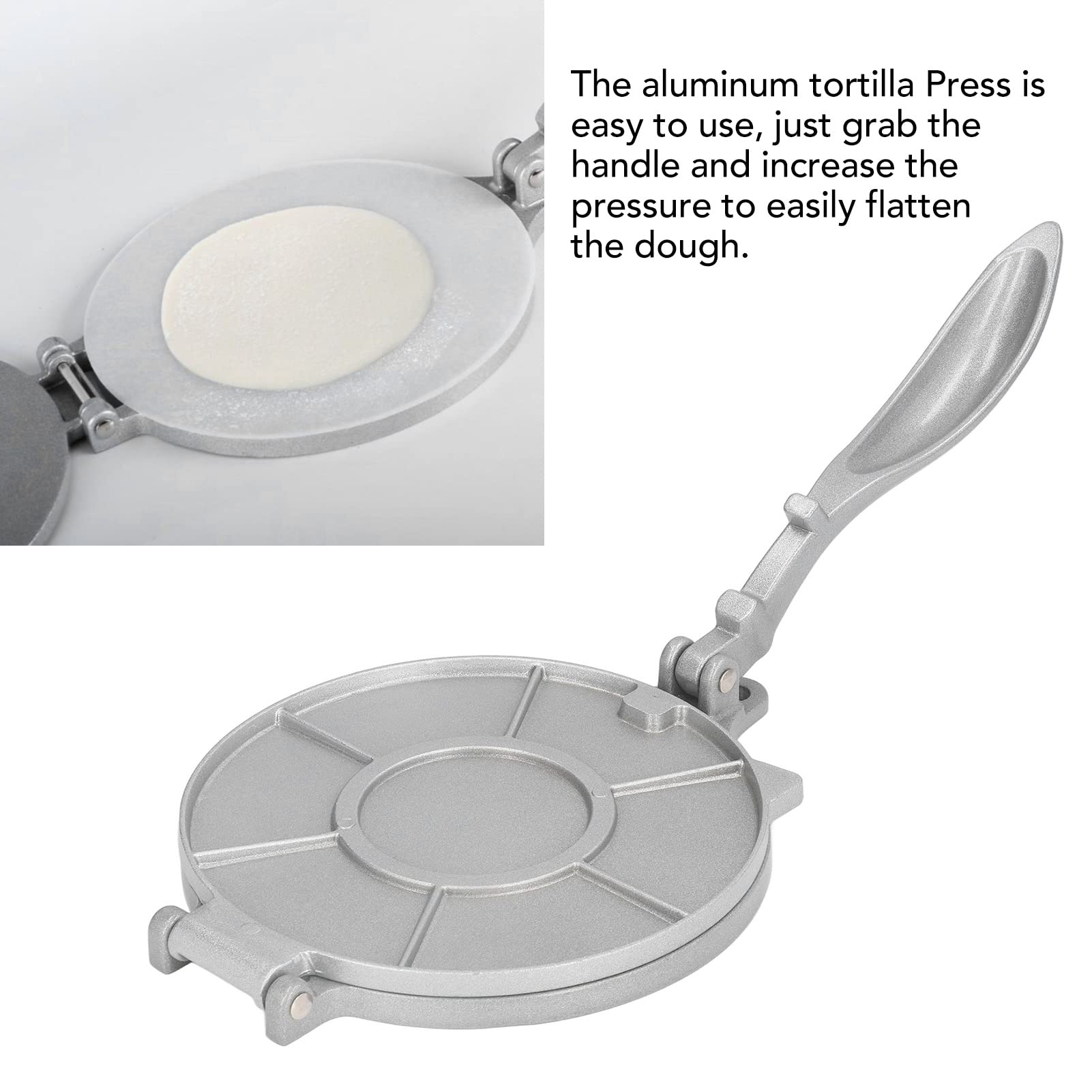 Tortilla Press, 7.7in Quesadilla Maker Tortilla Maker Dough Press Flour Tortilla Press Aluminum Alloy Silver Heavy Duty Taco Press for Home Pasta Shops