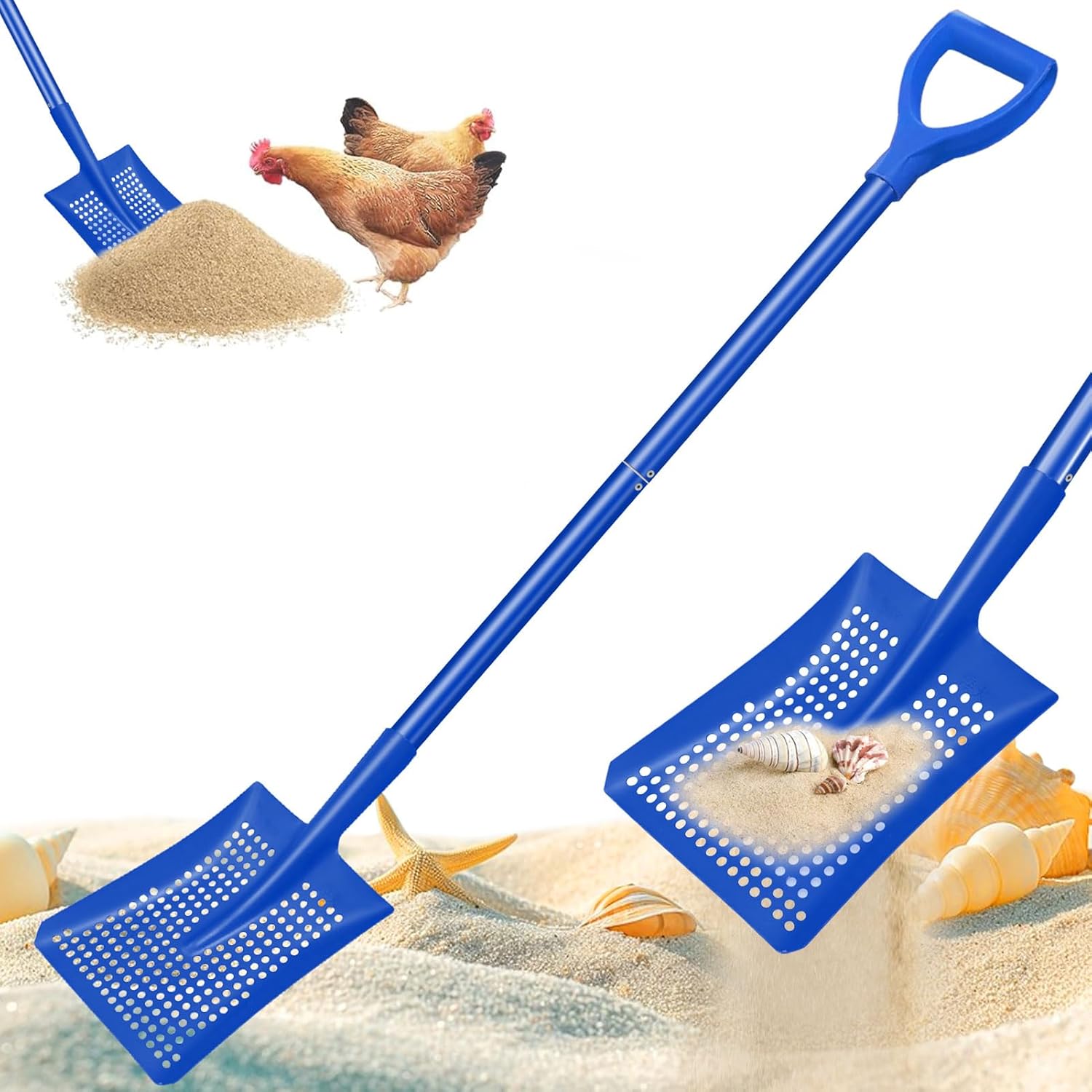 Sifting Shovel, Heavy Duty Metal Sand Sifter for The Beach, 53.5" Long Sand Sifter Shovel for Beach Fun, Chicken Coop, Farm Goat Stall Sand Poop Cleaning, with Ergonomic D-Grip Handle (Gold)