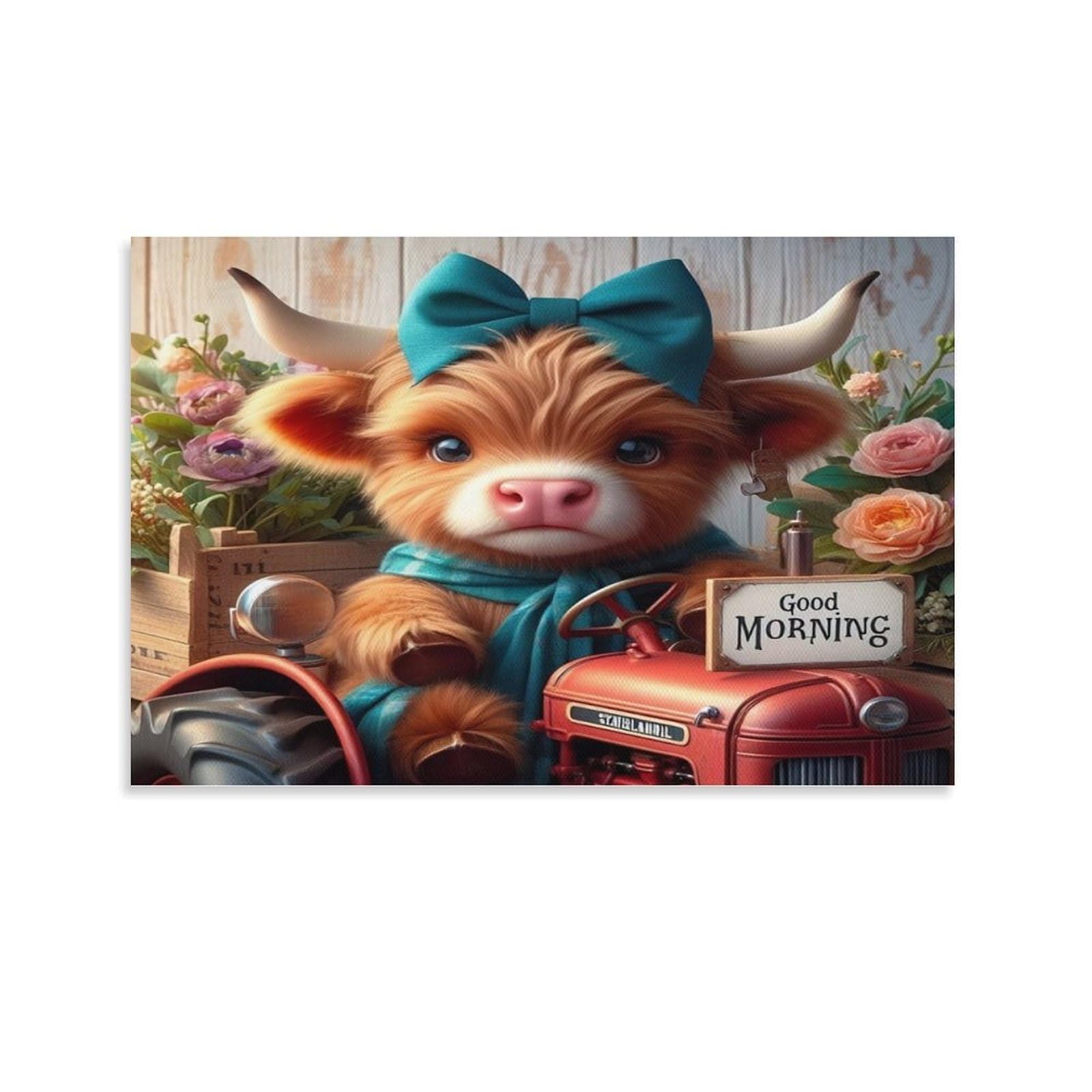 CPLVKWRQJ Cute Bull With Bow Single Piece Highland Calf Tractor Good Morning Framed Wall Art - Living Room Gallery Wall Focal Point Ready to Hang Decor 20x30inch(50x75cm)