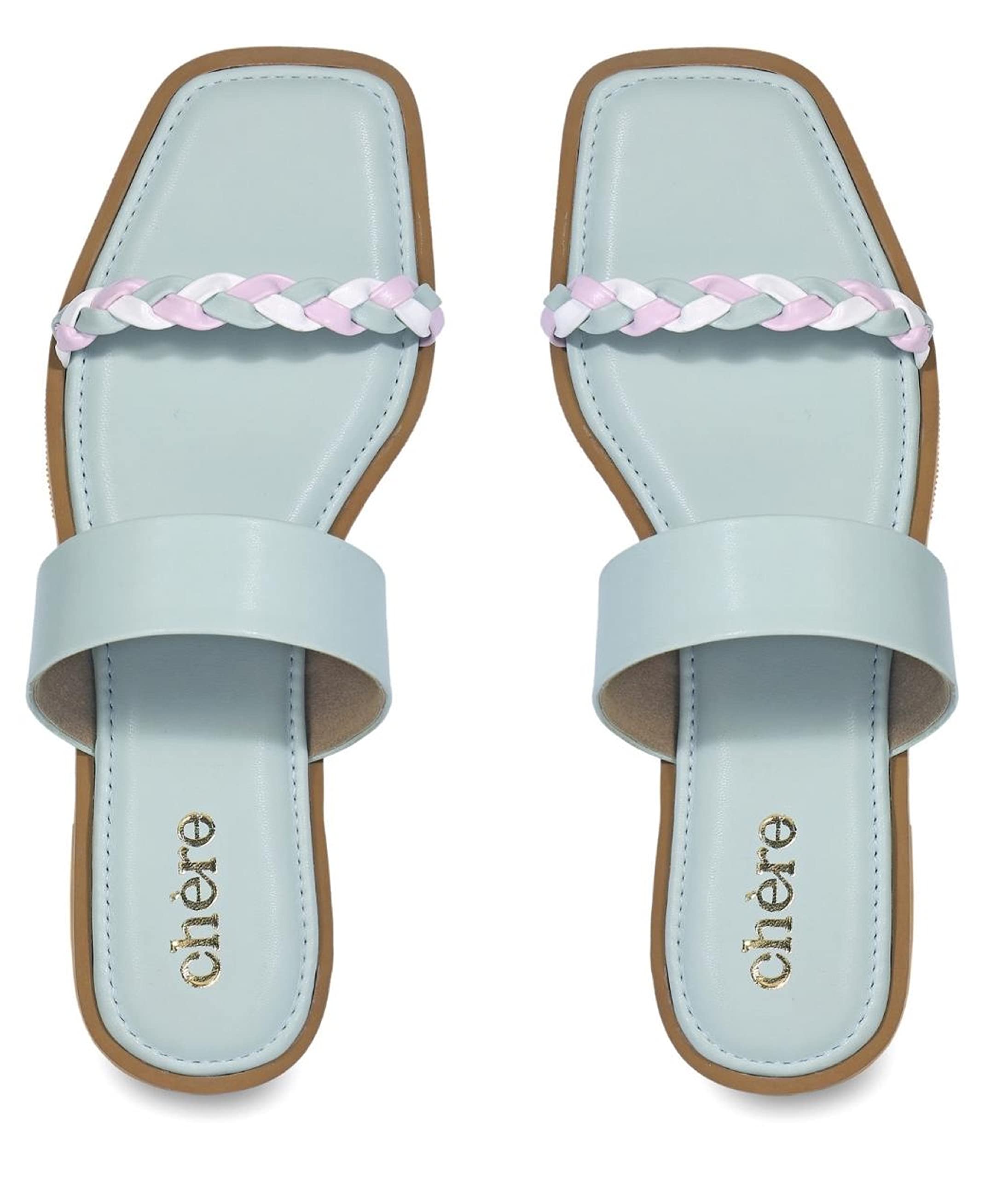CHERE Blue Double Strap Flats for Women’s | Comfortable Sandals for Casual, Party and Formal Occasions