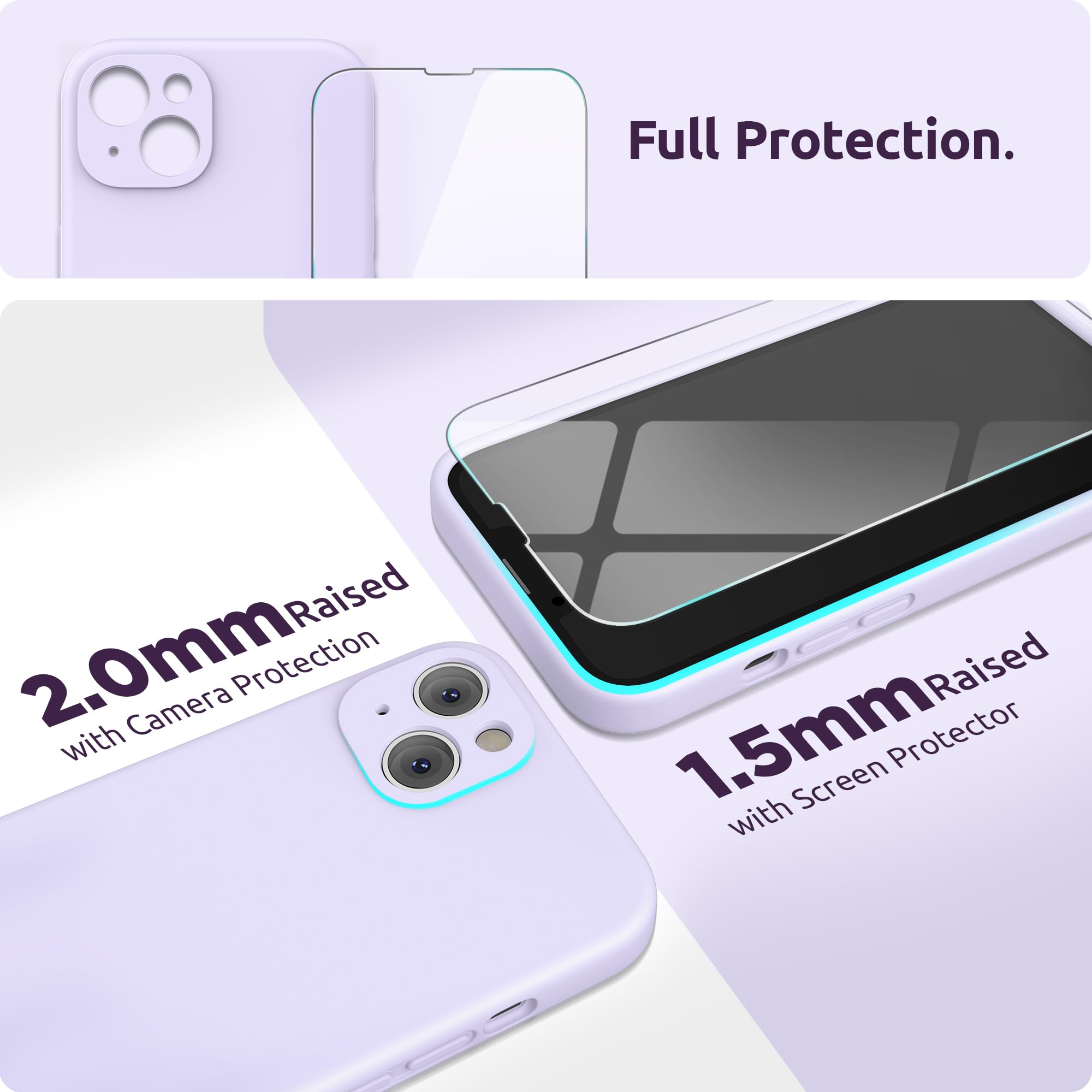 SURPHY Cover per iPhone 13 con Vetro Temperato (6,1"), Custodia per iphone 13 Silicone con Protezione Fotocamera, case protezione Completa,Antiurto, Morbida Microfibra Antigraffio (Lavanda chiara)