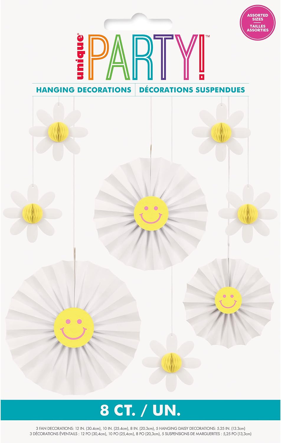 Yellow & White Groovy & 3D Honeycomb Daisies Paper Fan Decorations Set - 8 Pcs | Party Hanging Decor - Perfect for Parties & Events