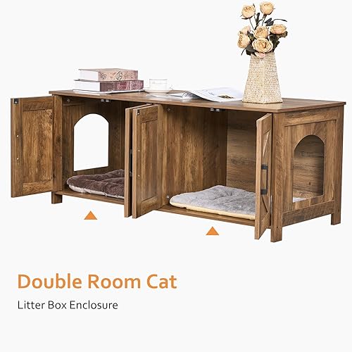 Miniatura 2 de Caja de arena para gatos para 2 gatos, muebles ocultos con habitación doble, muebles de madera para baño, casa para gatos, 47.2 pulgadas de largo x