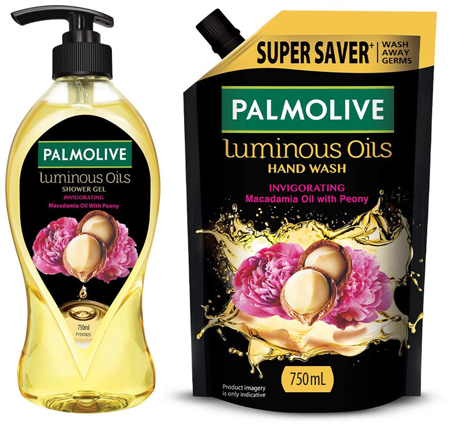 Palmolive Body Wash Luminous Oils Invigorating, 750ml Pump Shower Gel With 100% Natural Macadamia O & Luminous Oils Invigorating Liquid Hand Wash, 750ml Refill Pack With Macadamia Oil & Peo