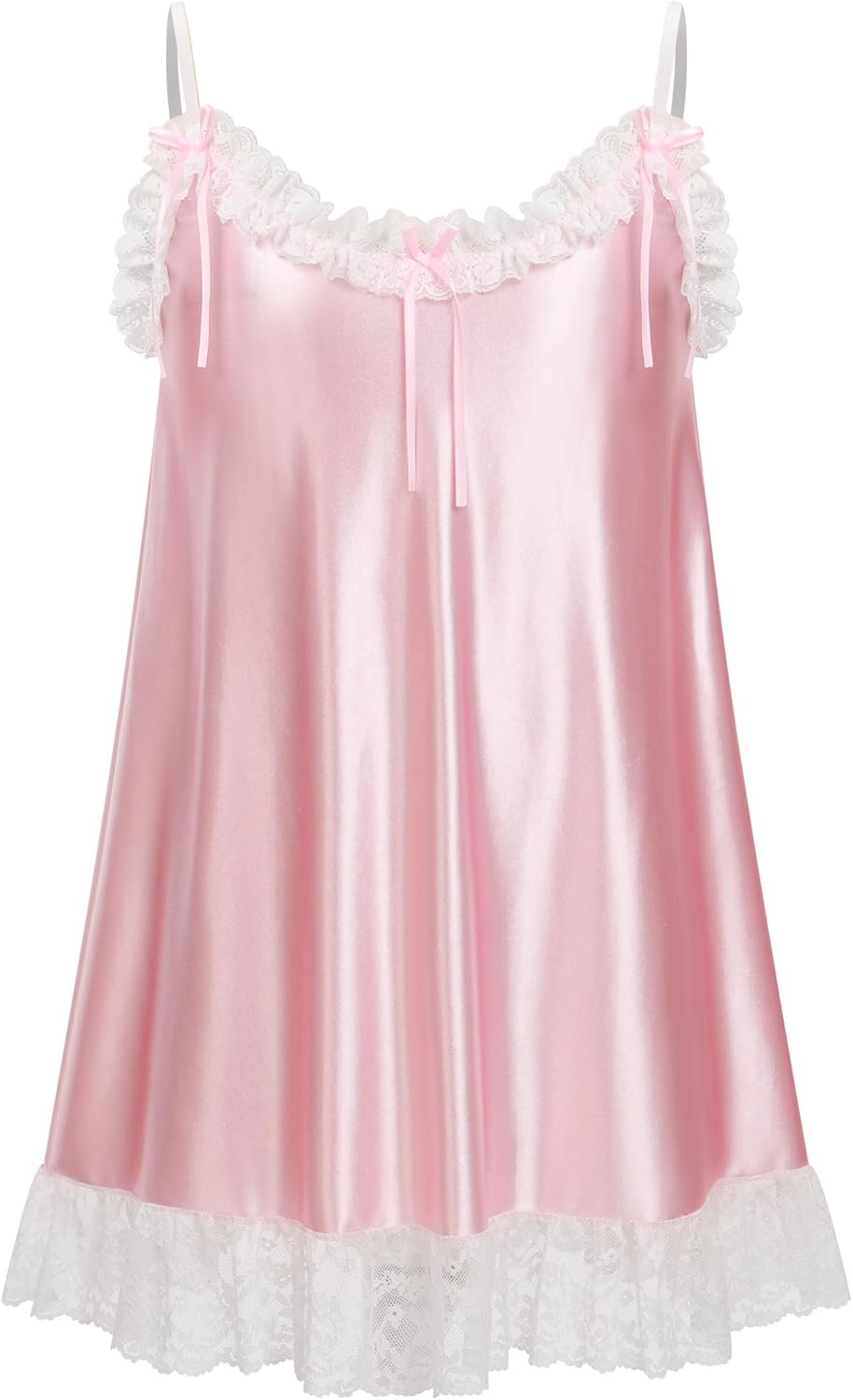 ABAFIP Men's Sissy Nightwear Satin Shiny Ruffle Lace Mini Nightdress Spaghetti Strap Crossdress Nightgown